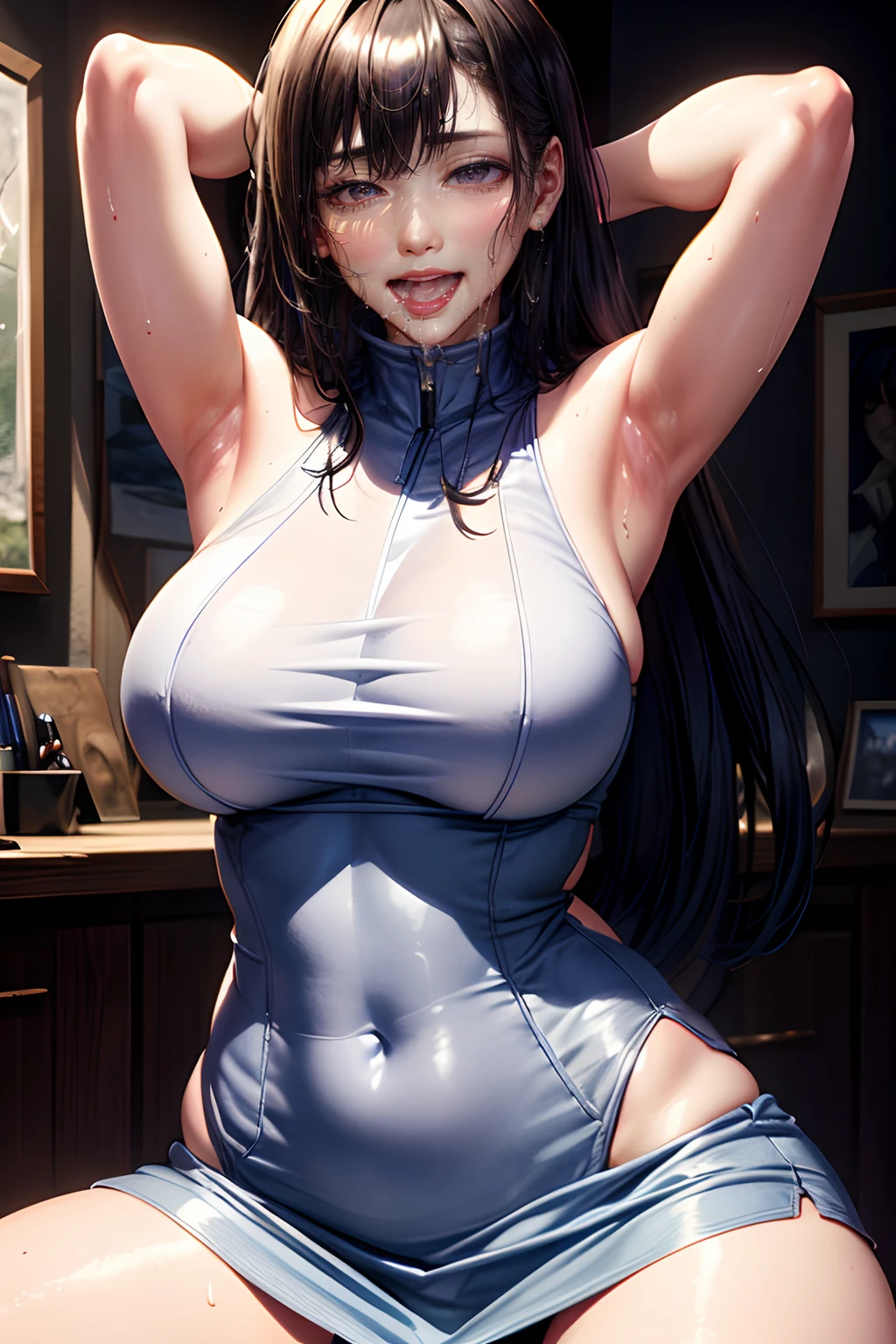 Perfect, masterpiece, (best quality, highres:1.2), 1girl, beautiful detailed eyes, beautiful detailed lips, extremely detailed eyes and face, long eyelashes, medium:oil painting, vivid colors, HDR, studio lighting, ultra-fine painting, sharp focus, physically-based rendering, extreme detail description, portraits, ((organized fingers)), curvy body, big breasts, perfect shape, facing viewer, sweaty, gorgeous, ((arms up)), sleeveless dress, straddling, smiling