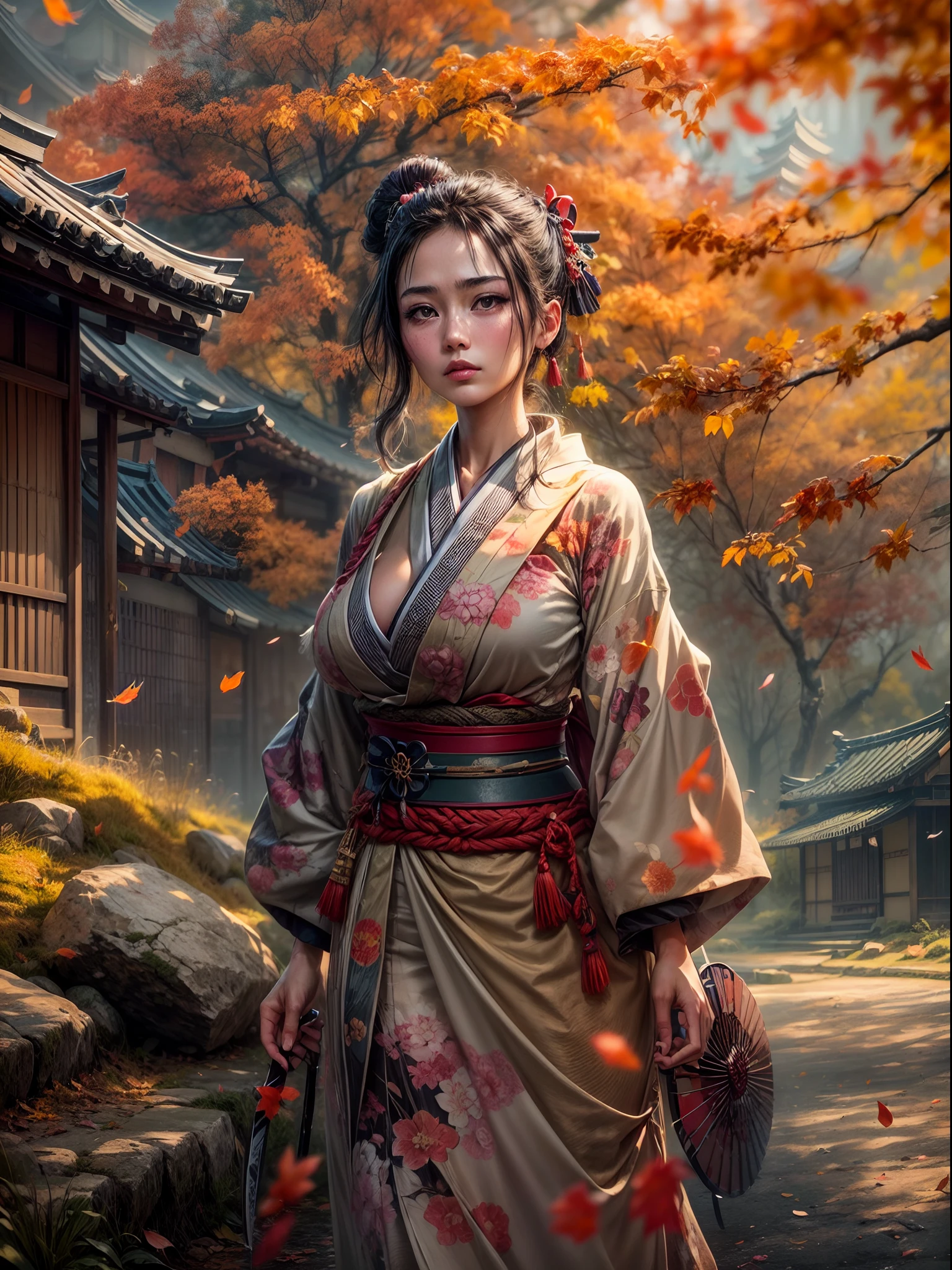 A teenage girl,komono,"(Best quality,4K,8K,A high resolution,Masterpiece:1.2),Ultra-detailed,Realistic, hdr, Autumn scenery in Japan, Flying autumn leaves, (Broken, Damaged, Old) samurais, ( Crouching) Samurai, (Falling, Scattered) Autumn leaves, (Dirty, Weathered) katana swords, (Cracked, Damaged) , (Vivid, vibrant) colours, (soft, warm) Color Palette, (Natural, warm) lighting, (serene, Peaceful) atmosphere, A traditional Japanese landscape, (tranquil, Quiet) ambiance, (rustling, gentle) breeze, Hidden Face, (mysterious, Secretive) Samurai, (forget, Abandoned) battlefield, (tranquil, calm) energy, (Nostalgic, desire big breasts) scenery, (attractive cleavage, big breasts enchanting) Autumn colors, (calm, serene) Demeanor, (frotting, tattered) enviroment, (Lost, forget) battlefiled, Falling cherry blossom petals, Delicate brushstrokes, The essence of Japanese culture"