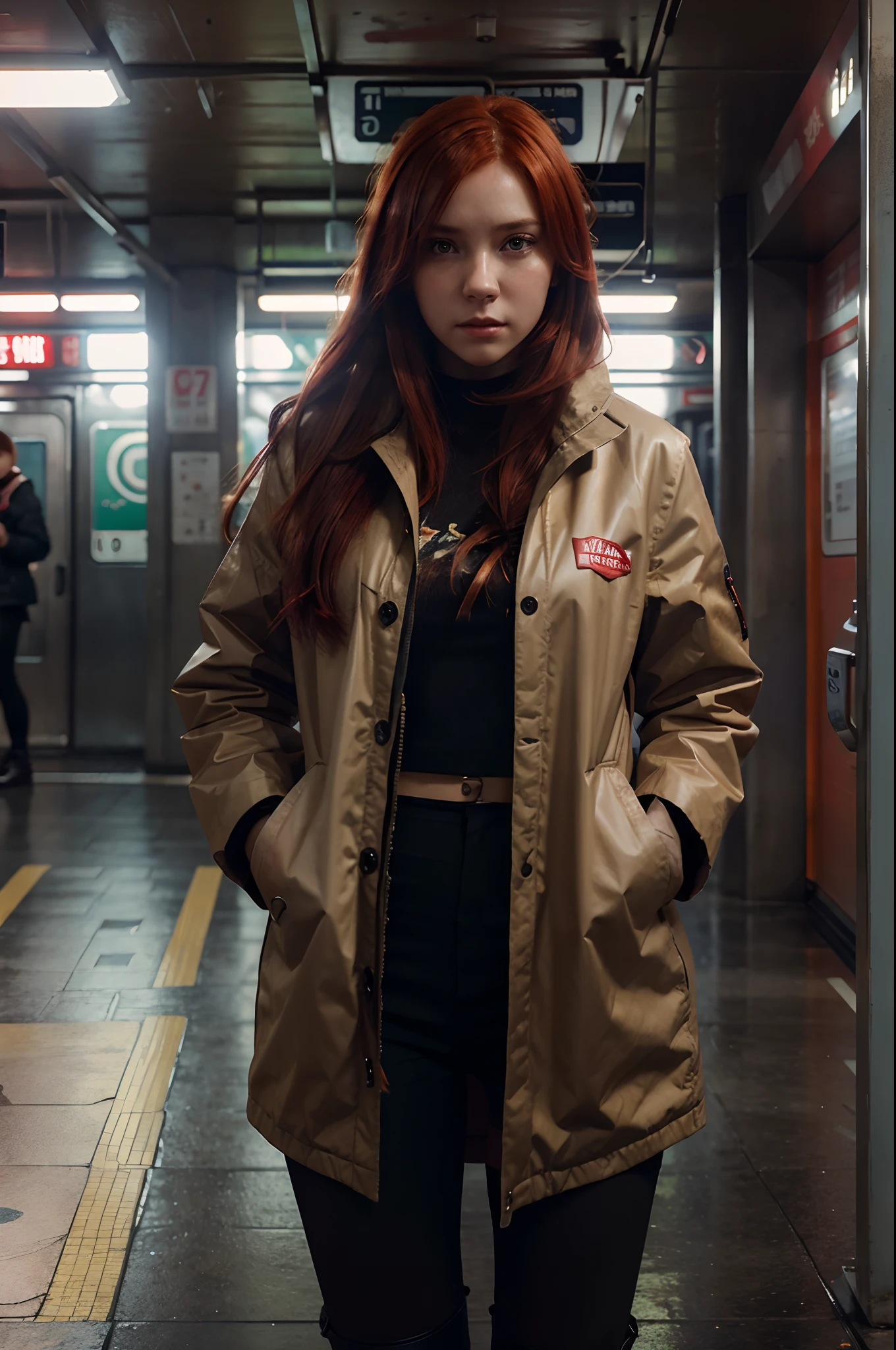 a girl with red hair standing in a subway station, a detailed painting by WLOP, featured on cgsociety, photorealism, artstation hd, detailed painting, ilya kuvshinov