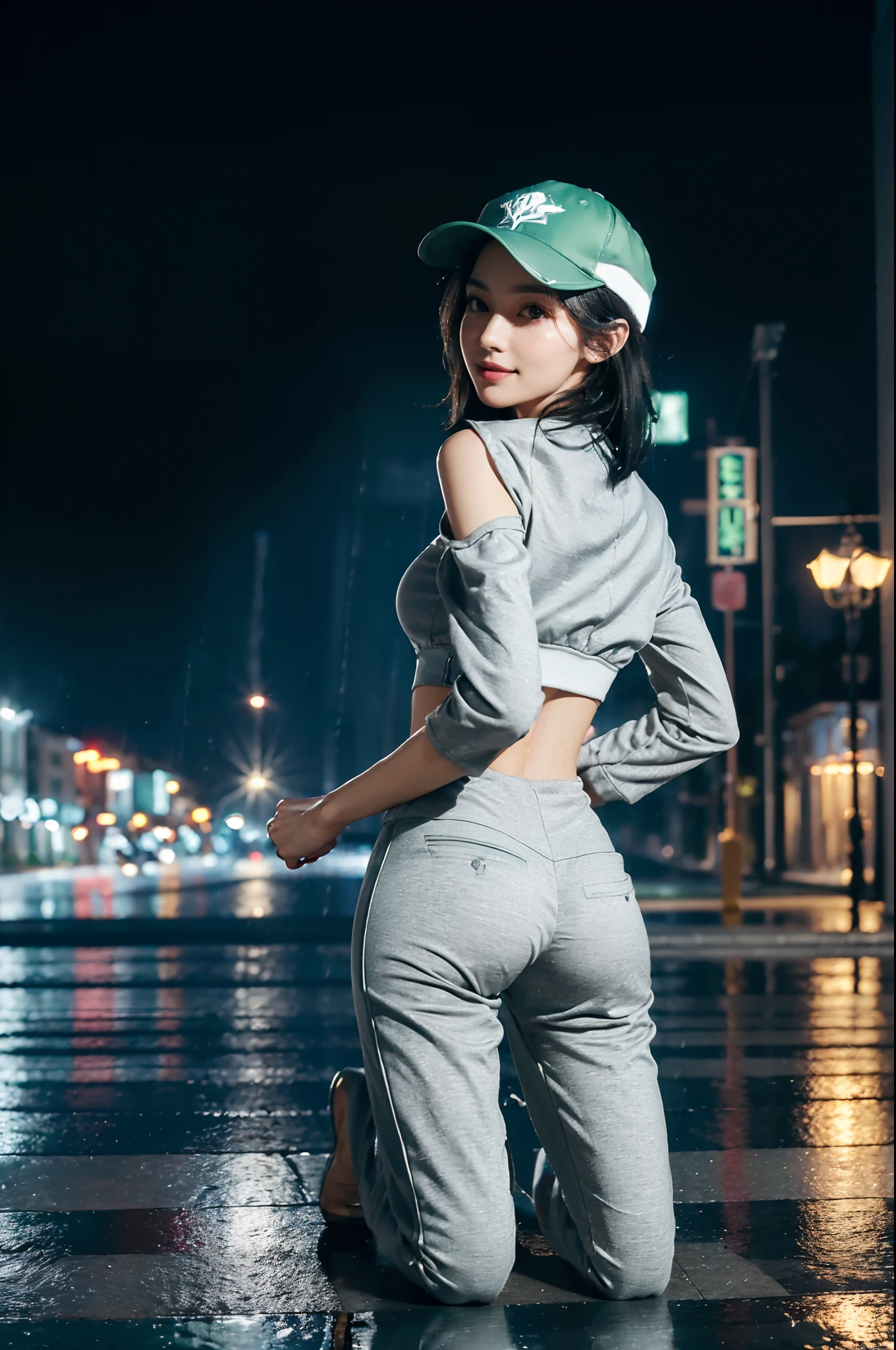 (((8k))),(Extremely meticulous CG) ,(wallpaper),16k,(Extremely refined and beautiful），（Masterpiece:2.0），（best qualtiy:2.0），（Ultra High Resolution：1.0），beautiful light up，Perfect lightning，realistic shaded，[A high resolution],(Smooth and flawless fair skin:1.5),Extremely exquisite facial details,(perfect body：1.1),ultra - detailed,A beautiful girl,small head,(Green baseball cap:1.2),(shoulder length straight short black hair:1.2),(Small breasts:1.1),Flat chests，slim，thin，Smile，cheerfulness,(black puffer coat:1.5),(Slender legs:1.2),(Light gray sports pants:1.4),(black sneakers:.3),(dark night:1.5),dim light,(kneeling In residential areas:1.5),high-rise buildings,At the entrance of the residential building,(upper body:1.2),from behind,(raining:1.2),early winter,night scene,(close shot:1.2),(cowboy shot:1.2)