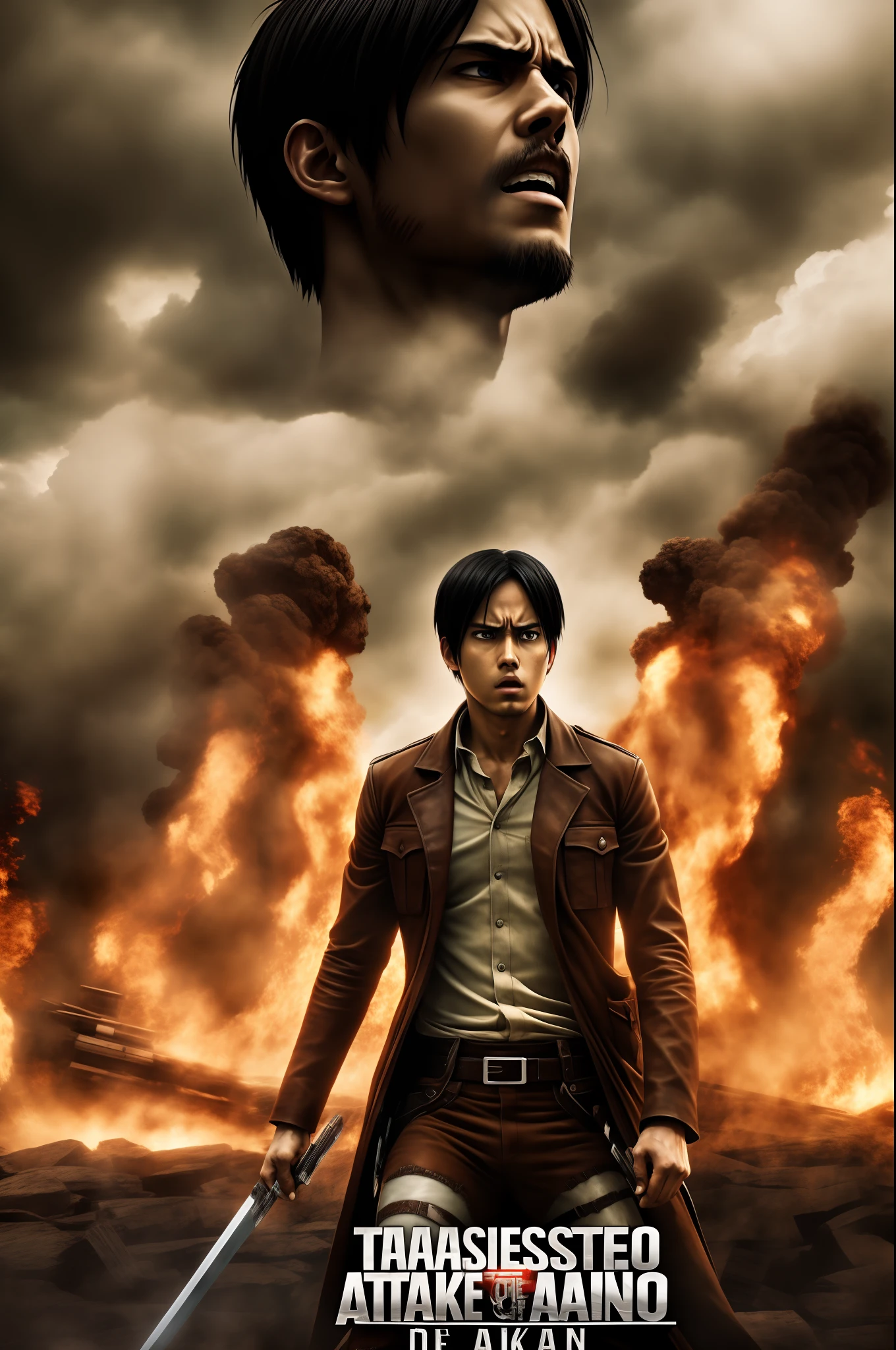 (masterpiece, best quality), best resolution, movie poster in style of Hajime Isayama's Attack On Titan, Eren Jaeger