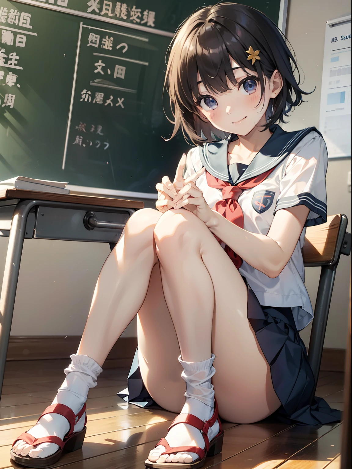 The ultra -The high-definition、high-level image quality、top-quality、Full feet and hands、complete fingers、hi-school girl、1 persons、ssmile、Bery short hair、Sukusui、School swim wear、Skirt up、‎Classroom