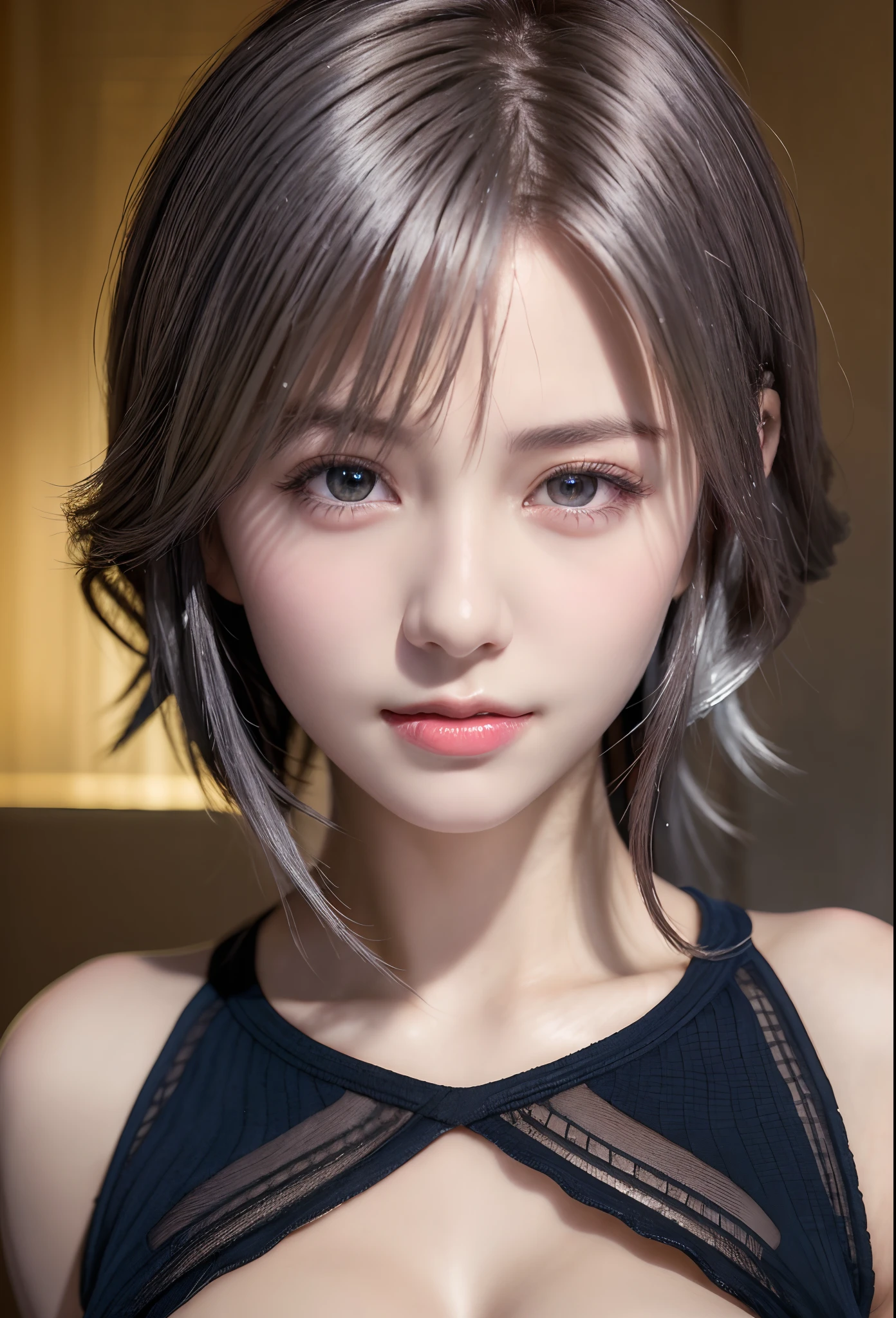 (8K, Photorealistic, Raw photo, of the highest quality: 1.3), (1girl in), Super beautiful, (Realistic face), (boyish, Silver Color Berry Shorthair), Beautiful , Glare that captivates the viewer, Beautiful expression, Beautiful breasts, (Realistic skin), Beautiful...