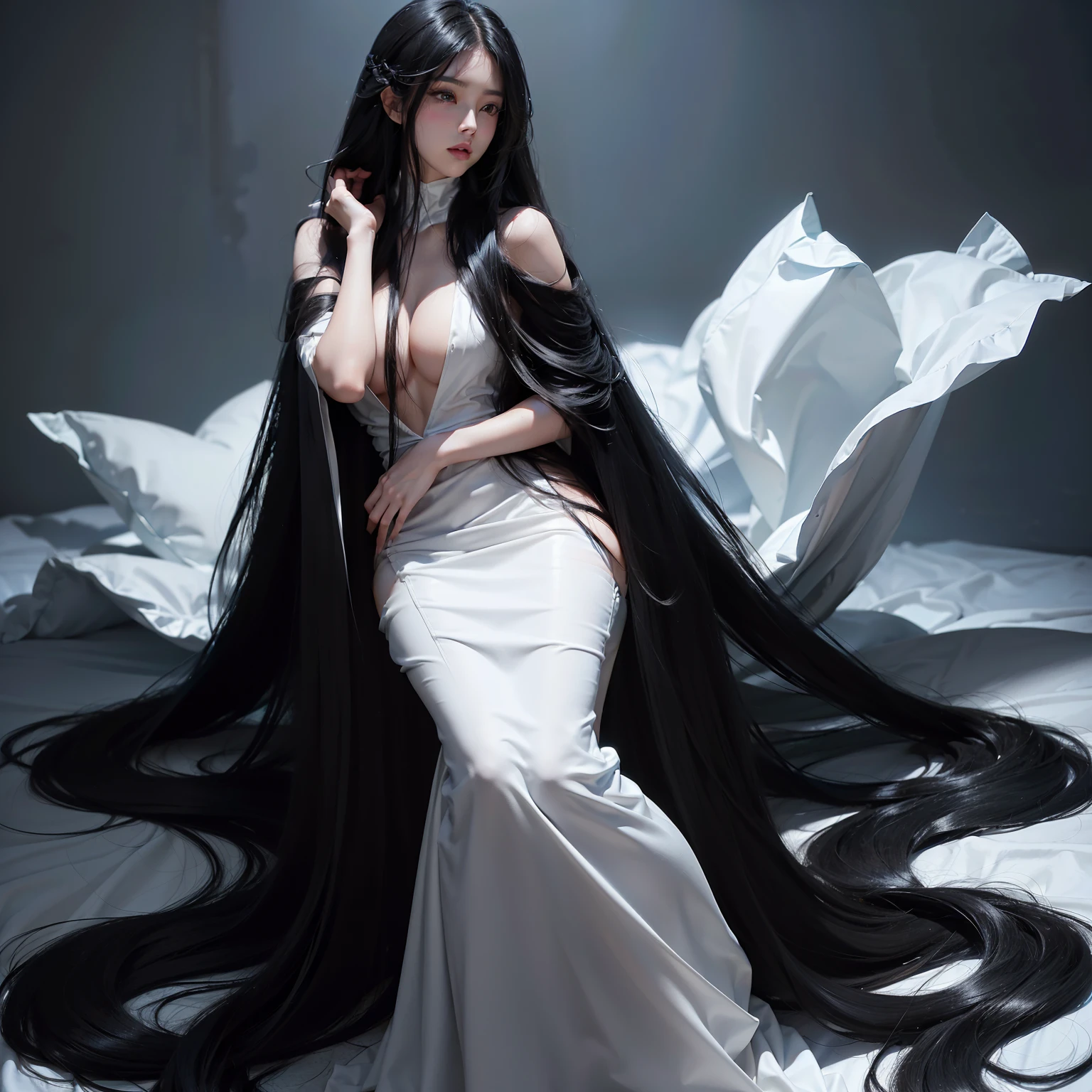 (Top image quality、top-quality、Top resolution、hyper realistic photography、Full body photo、masterpiece、16k、)1girl in、Surprisingly long black hair is super beautiful、hair length about 3 meters、White underwear or naked、Hide the whole body with straight black hair、Very beautiful face、well-groomed beautiful black hair、very large amount of hair、Ultra-long black hair with an emphasis on sex appeal as a woman、slim figure、Lustrous beautiful hair、Bright lighting、profetional lighting、Winner of the World Long Hair Contest、Full body real photo、Head-to-toe photo、Photo taken from about 4 meters away、Super Real、Two hands、2 legs、The longest black hair in the world、Hair is heavy and tired、Hair longer than Rapunzel、very large amount of hair、I hide my whole body with very long black hair、Hair that is shampooed every day is very clean、Hair smells of roses、Very long black hair is my sex appeal、Very long black hair is my charm、Long black hair is a symbol of beauty、My pride is very long black hair、This long hair length and amount is admired all over the world、My very long black hair is spread out in a fan shape、Facing backwards、Sleeping face down、Silky black hair flowing from the shoulders to the floor、Ridiculously large amount of hair、The hair is ridiculously bushy、Wrap the entire bed in hair、Hide my hands with long hair、Hide my fingers with long hair、A storm of angry black hair that seems to overflow from the screen、