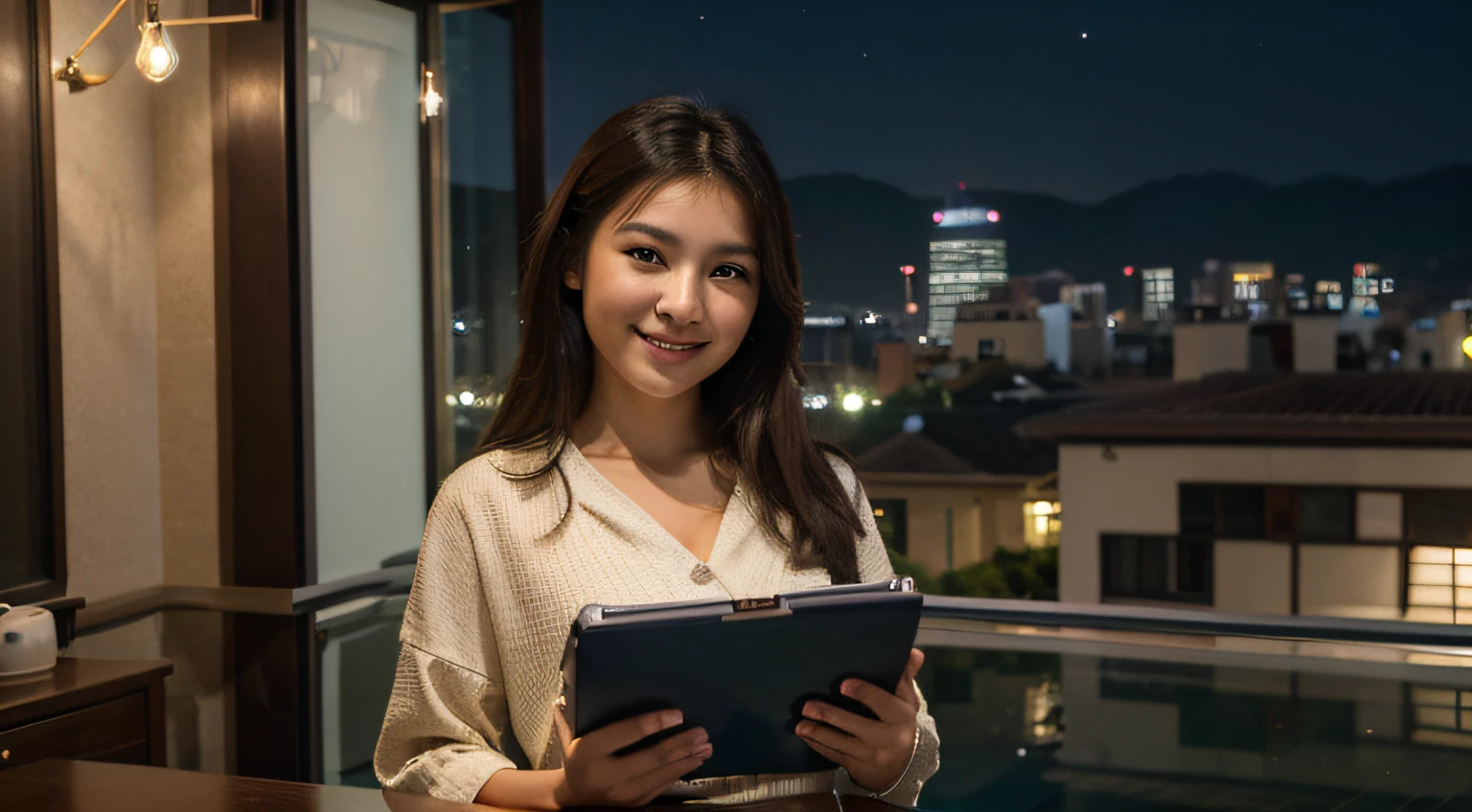 (Best quality, 8k, masterpiece: 1.3), a beautiful Asian woman with dark brown hair, checking at documents, smiling, bright nightlights, a Nikon D850 DSLR 4k camera, 100mm lens, F 1.2 aperture setting, bright and natural lighting, vibrant, relaxing atmosphere, panoramic view