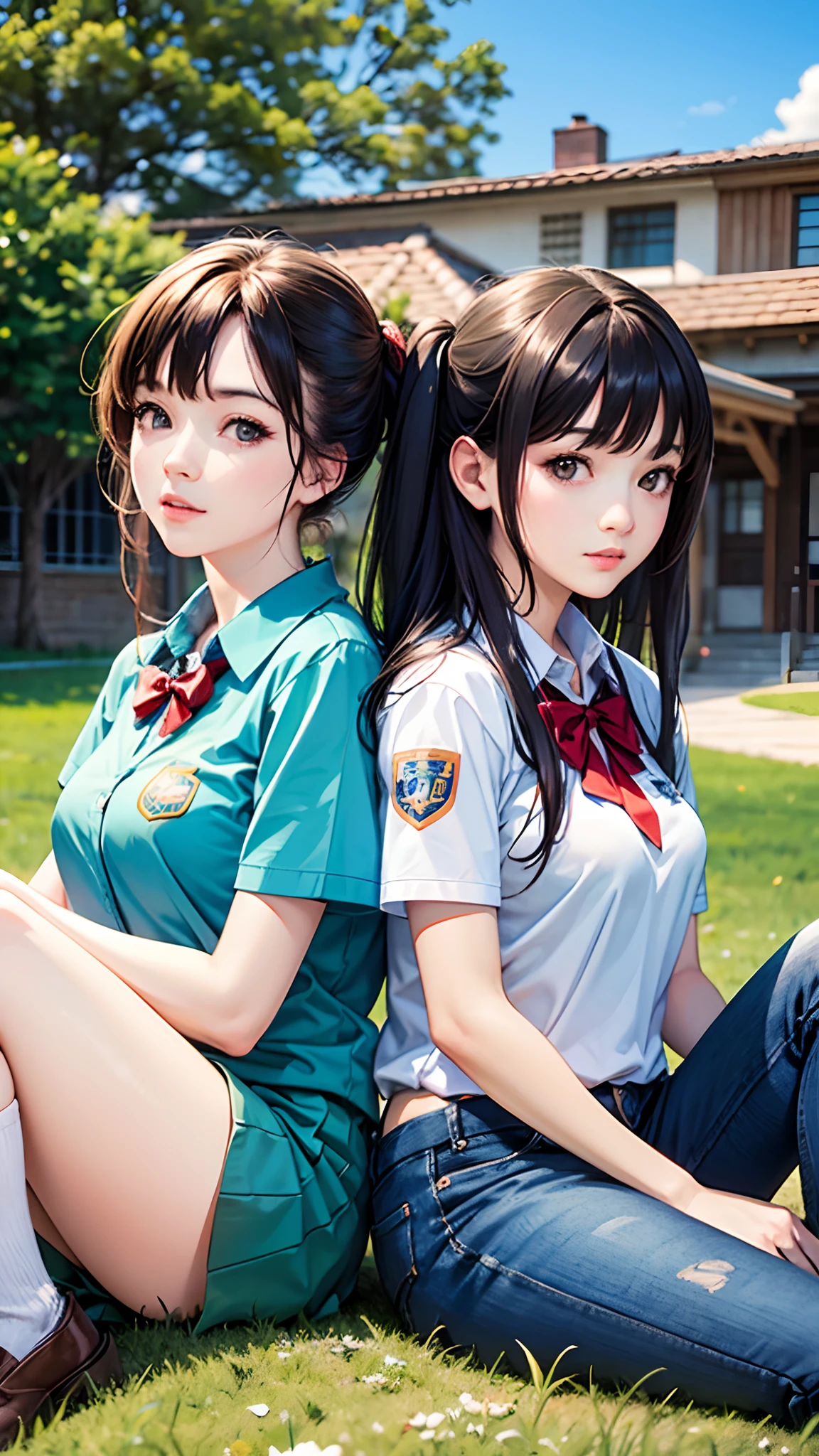 A couple, wearing high school uniforms, back to back, sitting on the lawn, realistic style, blue sky background, sweet, vector image --auto --s2