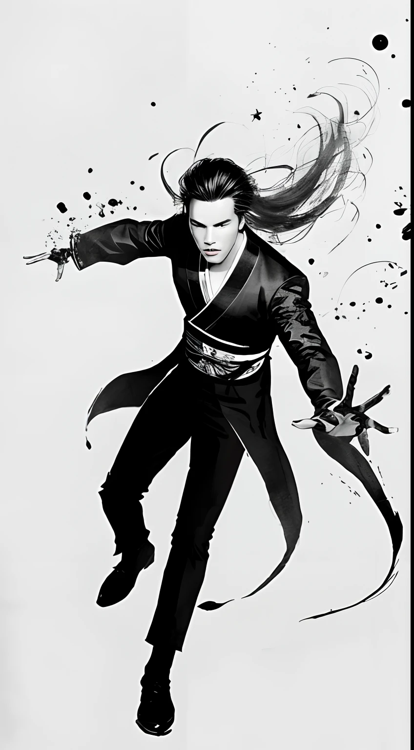 zydink, Mono Color, Ink sketch, 1boys, Asian people (Young man), Combat posture,Strong dynamics, looking at viewert, long whitr hair, Floating hair, Hanfu, Chinese clothes, longer sleeves, (abstract ink splash:1.2), white backgrounid