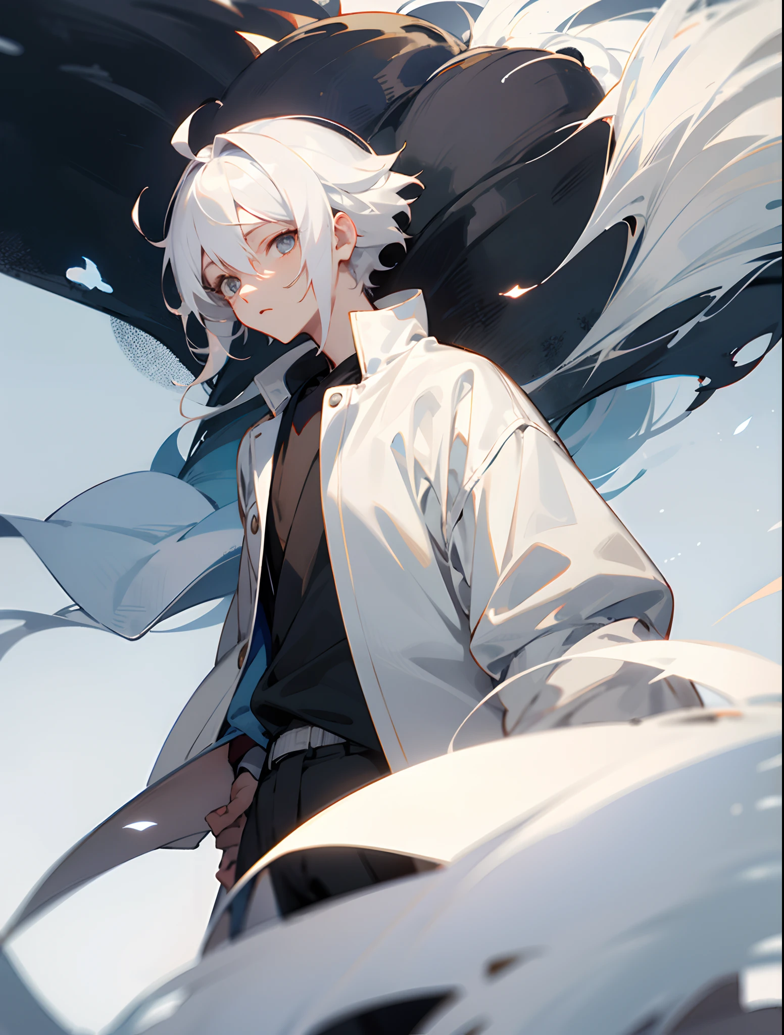 boy, unfussy, calm, white hair, white hair, white eyes, medium hair, anime, cute