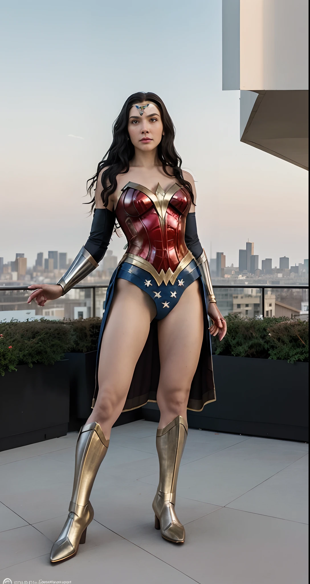 (best quality)), ((masterpiece)), ((realistic)), (detailed), detailed face, wonder woman (gal gadot)Beautiful woman (20s, long black hair, blue eyes) defined, detailed body, wearing tube dress wonder woman(((huge breasts)))