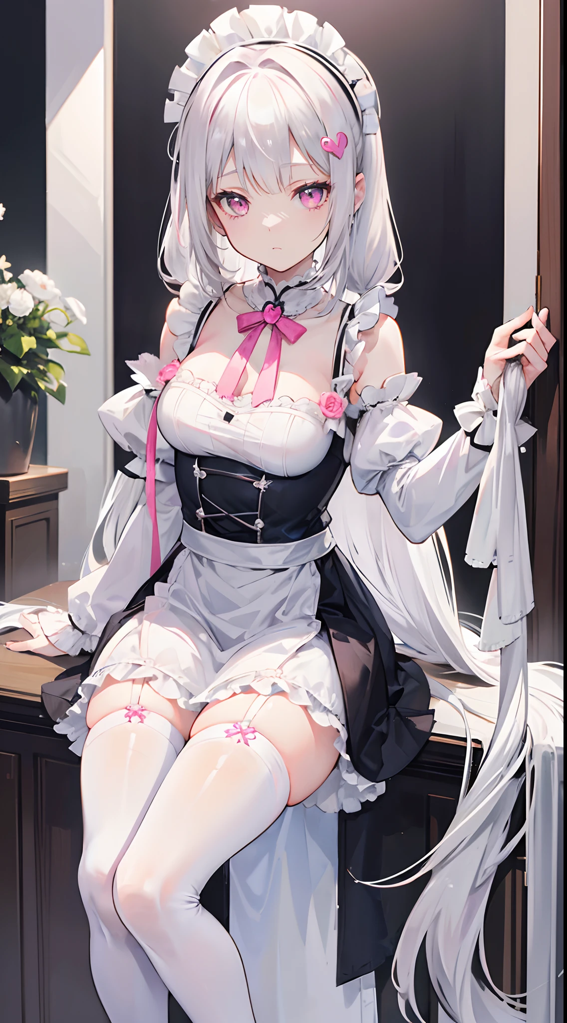 silver-white long hair,Pink eyes,Off-the-shoulder maid outfit,girl,love heart,Medium build,white stockings,expressiveless,Single horsetail,In the big house,Cleaning,