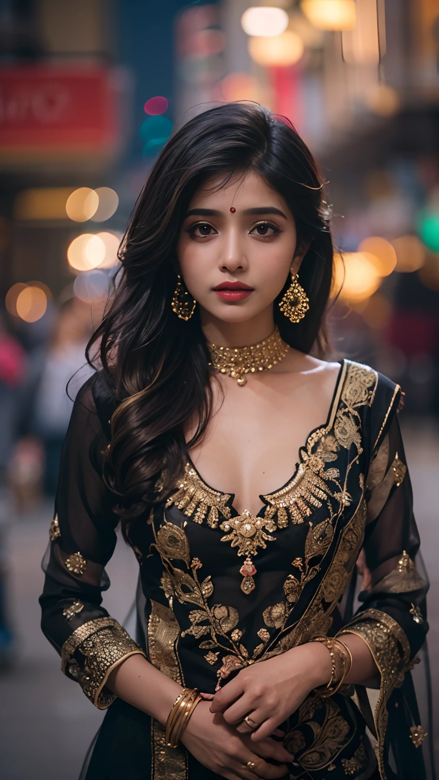 (((desi girl))),sexy face, natural skin, wearing hot deep neck top and dupatta, charming black hair, ((hair ends are blonde)), city streets background, bokeh