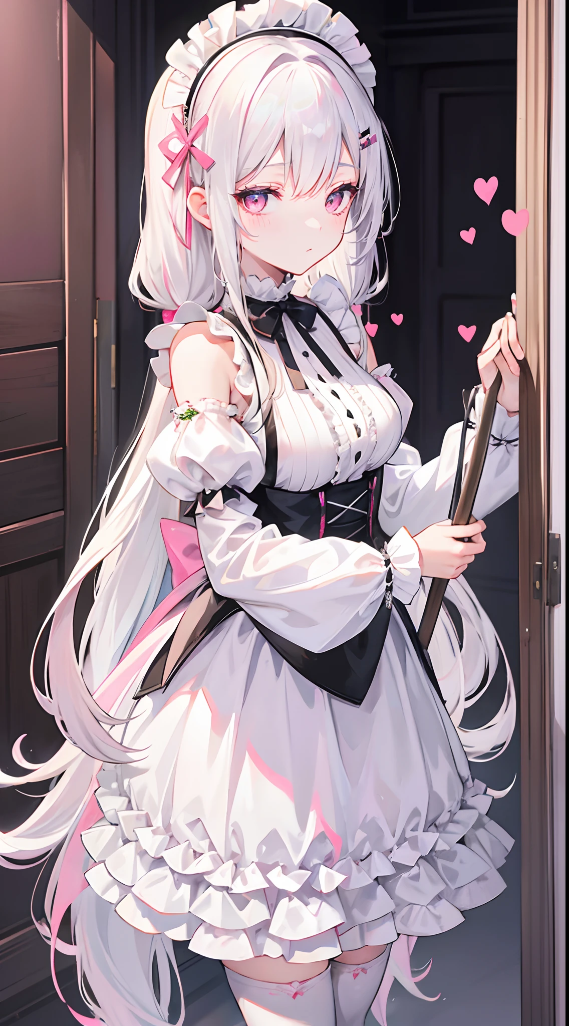 silver-white long hair,Pink eyes,Off-the-shoulder maid outfit,girl,love heart,Medium build,white stockings,expressiveless,Single horsetail,In the big house,Cleaning,