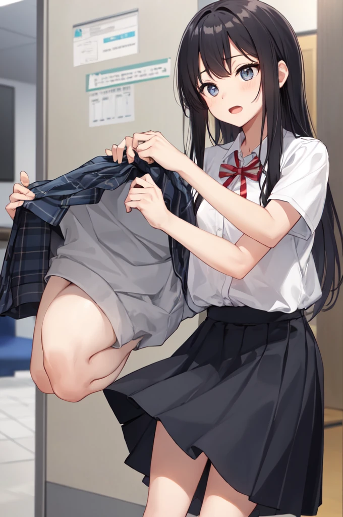 Best Quality,1girl in, Skirt, 独奏, Underwear, School uniform, pantiy, pleatedskirt, Black hair, buttock, Lifting clothes, Eyes are brown, Blue skirt, Pure gaze, white  shirt, The shirt, Long hair, Short sleeves, 校服, a miniskirt, lifted by self, Open mouth, Shadow, plaid skirts, blush