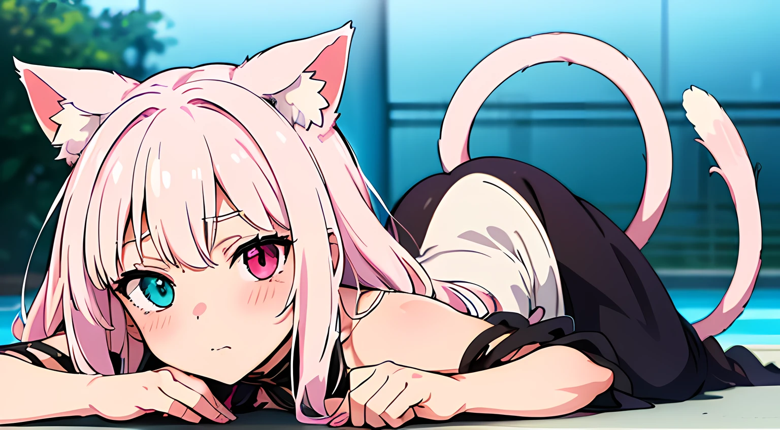 (1 nekomimi girl, without human ears),(beautiful eyes finely detailed, heterochromia, Face to detail, two tone colored hair), full body, wearing long dress witch outfit, seductive facial expression, blush on her face, at the pool, looking at you, ​masterpiece, top-quality, detailed, High resolution illustration