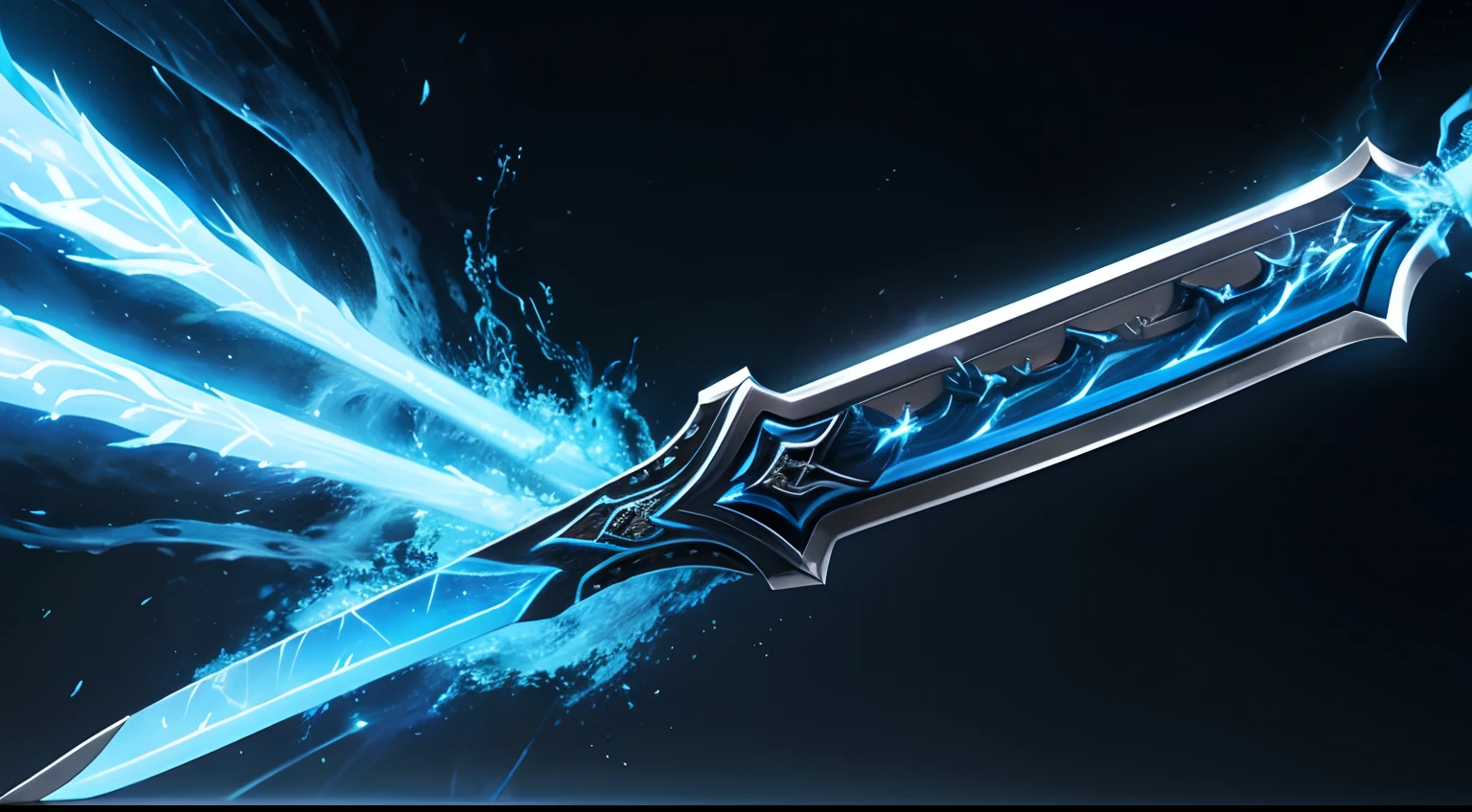 A big legendary sword with blue lightning coming out Fiery details