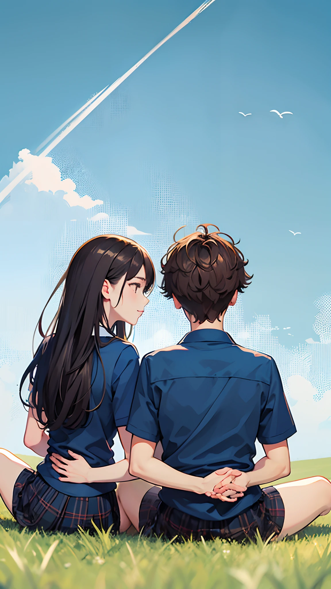 A couple 、Wear a high school uniform、back-to-back 、Sit on the lawn、verism style、Blue sky background、sweet、Vector graphics、 --auto --s2