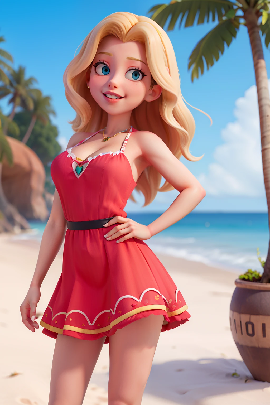 mulher blonde, praia, sbikini, decote, vaidosa, vestido rosa, batom vermelho, large lips, uma personagem alegre no estilo Disney Pixar