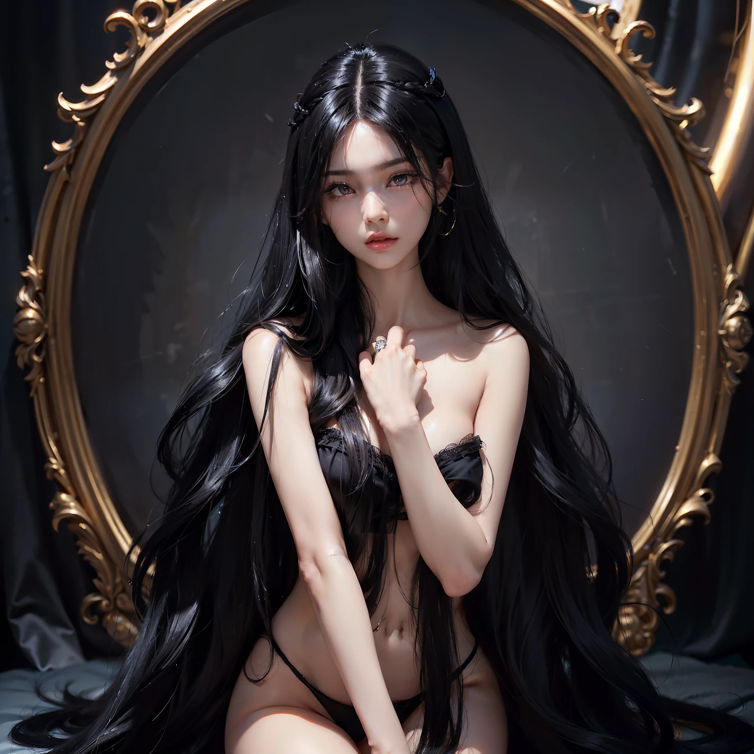 (Top image quality、top-quality、Top resolution、hyper realistic photography、Full body photo、masterpiece、16k、)1girl in、Surprisingly long black hair is super beautiful、hair length about 3 meters、White underwear or naked、Hide the whole body with straight black hair、Very beautiful face、well-groomed beautiful black hair、very large amount of hair、Ultra-long black hair with an emphasis on sex appeal as a woman、slim figure、Lustrous beautiful hair、Bright lighting、profetional lighting、Winner of the World Long Hair Contest、Full body real photo、Head-to-toe photo、Photo taken from about 4 meters away、Super Real、Two hands、2 legs、The longest black hair in the world、Hair is heavy and tired、Hair longer than Rapunzel、very large amount of hair、I hide my whole body with very long black hair、Hair that is shampooed every day is very clean、Hair smells of roses、Very long black hair is my sex appeal、Very long black hair is my charm、Long black hair is a symbol of beauty、My pride is very long black hair、This long hair length and amount is admired all over the world、My very long black hair is spread out in a fan shape、Facing backwards、Sleeping face down、Silky black hair flowing from the shoulders to the floor、Ridiculously large amount of hair、The hair is ridiculously bushy、Wrap the entire bed in hair、Hide my hands with long hair、Hide my fingers with long hair、A storm of angry black hair that seems to overflow from the screen、