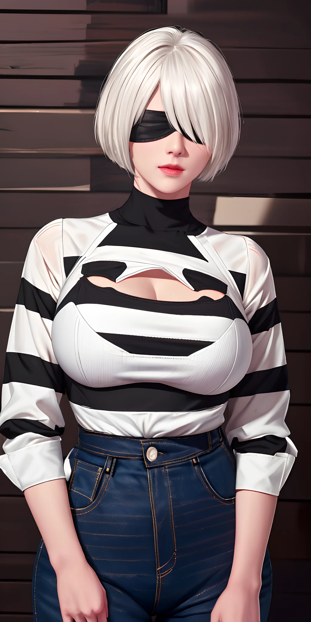 （（（ n_2b,Blindfold, black eye mask, Large breasts，with short white hair，Wears a black eye patch，））），((Masterpiece)),A high resolution, ((Best quality))，tmasterpiece，top-quality，best qualityer，（（（ Exquisite facial features，looking at viewert, ））），（（（Light and shadow interlace，huge boob，white skinned，laughingly，self-assured））），（（（Close-up of a woman in a striped shirt, ulzzangs, wearing stripe shirt, personal profile picture, Striped shirt, Beautiful image,  wearing  shirt, shirt, kawaii shirt and jeans, Long shirt, 8K)), White hair, Shin Jinying, Blue shirt）））