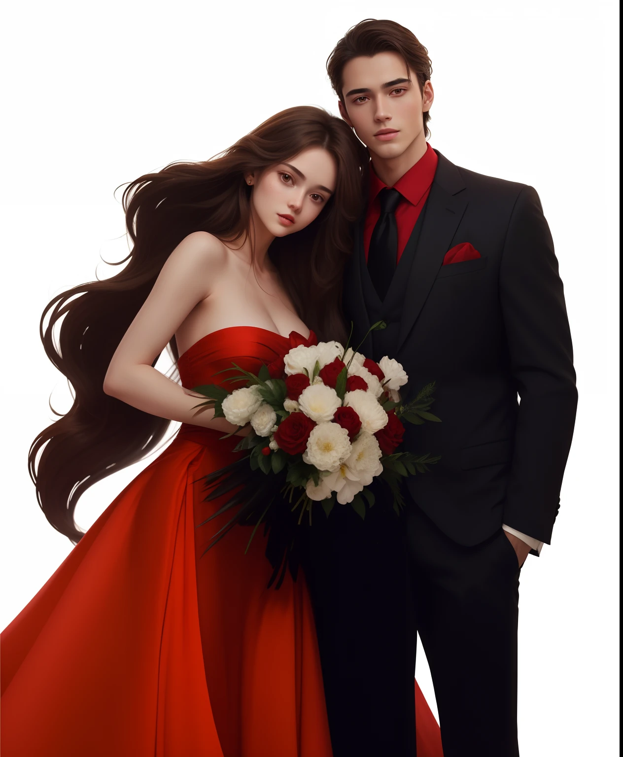 (best quality) Couple , Couple Picture together, Men And women , Sexy Girl , Handsome Man , Girl ( White Pale Skintone , Red Silk Dress , Holding Flower , Long hair , Brown hair , Pretty Face ) Men ( Wearing Suit , Handsome, Elegant , High Value , Clean , Fresh ) Romantic Couple , Flower , UHD ,8K