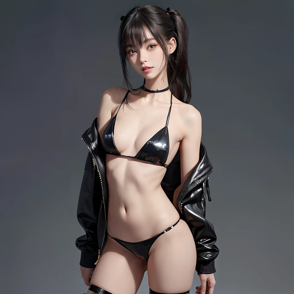 girl with, a beauty girl,((Matte skin))、The wind is blowing、Well-formed face、((Not wearing pants))、Naked in jacket、years、8Head and body、a small face、A slender、Very skinny、skinny、tiny chest,Ribs、discreet breasts、Smaller chest、small tits、beauty legs、Constricted waist、dented belly、Model body type、Beautiful black hair with luster、Backgrounds that look like real photos、(((NSFW)))、(Thigh strap for only one leg)、Smiled face、appearance、Girls who do their best to be fashionable、poneyTail、His partner is a cyborg