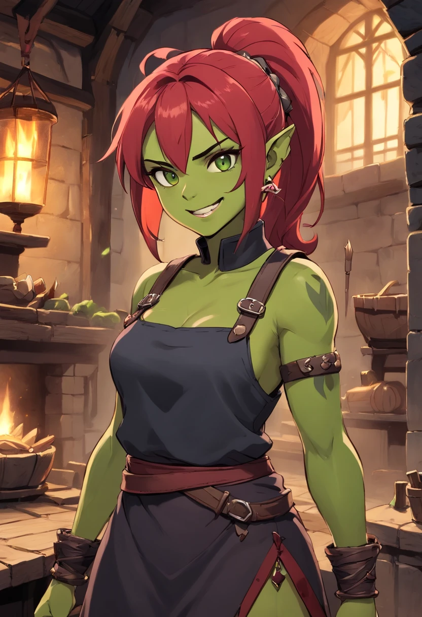 masterpiece, best quality, ultra-detailed, 1 girl, goblin girl, female goblin, goblin, 1girl, green skin, long pointy ears, makima \(chainsaw man\), red hair, long braided hair, golden eyes, bangs, medium breasts, smile