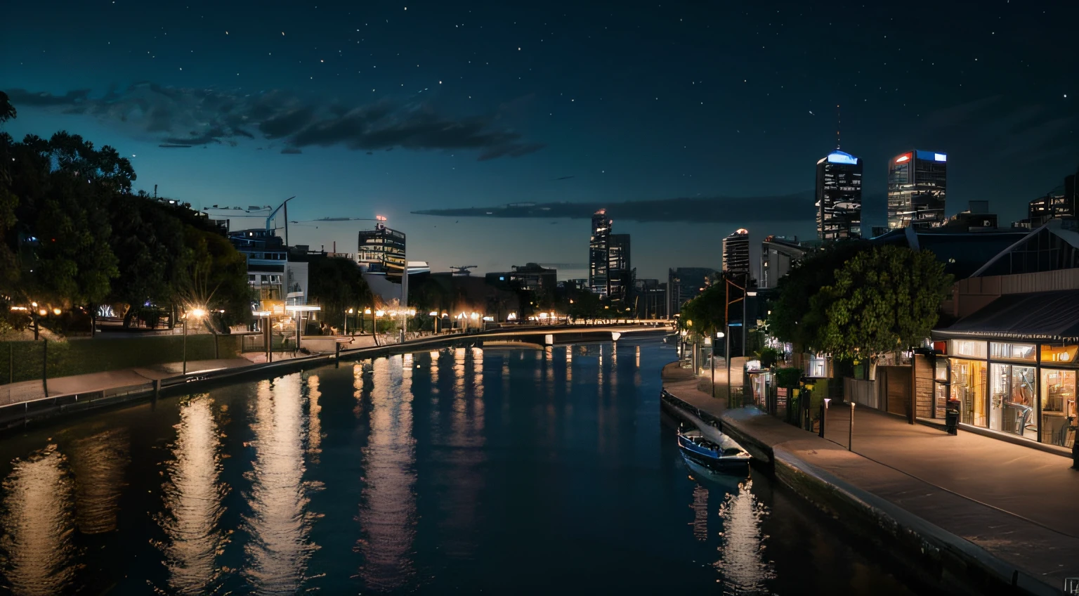 a hyper realistic photography of the Yarra River in Melbourne at night, no people, Nikon D850 DSLR 4k camera, 100mm lens, F 1.2 aperture setting, bright and natural lighting, vibrant, fun and relaxing atmosphere