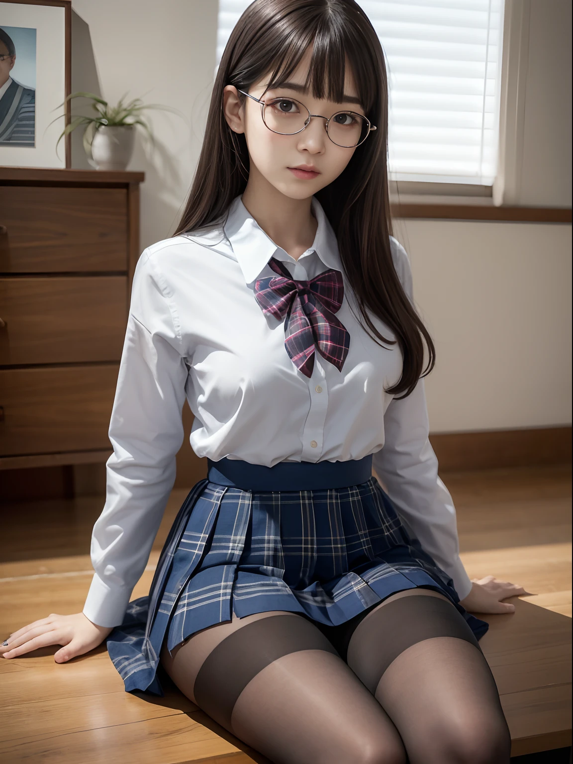 (Underwear is visible)、((Narrow-eyed))、((Narrow-eyed))、((Narrow-eyed))、(8K、Raw photography、top-quality、​masterpiece：1.2),、Has a small、(flat breast)、(flat breast)、(flat breast)、(flat breast)、(flat breast)、(being thin)、light skinned、skin whitening、Dark look、Rasping,glamor,Chromo-white skin,cocky,School,watching at viewers,Looking at the front,Muchimuchi,High-pitched clothing,Erotic,Pupils,de pele branca,kne,((Black pantyhose)),absurderes,a small face,,Forehead visible,Bangs hanging from the left and right sides of the forehead,(a cold expression,Tight eyes,glares,Bullish,irate)、​masterpiece,top-quality、超A high resolution,Raw photo,ren,Beautiful fece,One Person, 独奏,eye glass,,Dark look,Small breasts,fullllbody,Round glasses,JK school uniform,hi-school girl,A Japanese Lady,is standing,（Photorealsitic：1.37）、Photon mapping,Realistic、Beautie,Cute little face,Brown-eyed、Black socks、(Red bow tie)、Radio City、Physically Based Rendering、depth of fields、Blurry background、a picture,Body,beauty legs, Long legs, Thin leg,(Bangs are visible), hair, s lips, Blue_The eye, nosesoft,(Light blue shirt), (Navy and blue and white plaid pleated skirt), Knees are visible,Sheer clothing,, Thigh, Black cotton socks,Nogizaka Idol, 女優, Japanese ido