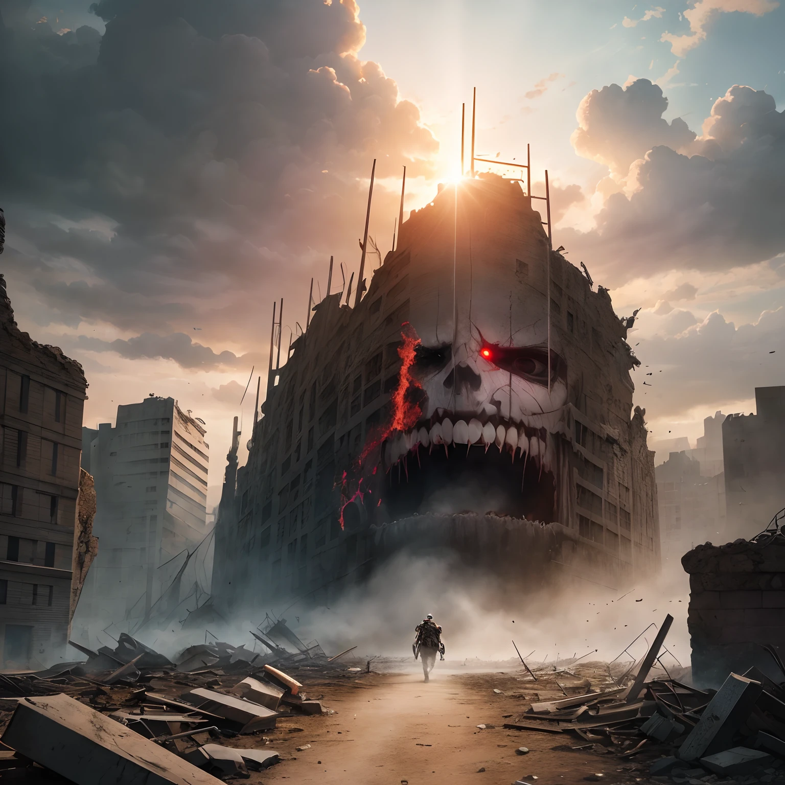 finest image, (8k, RAW photo, realistic), detailed and delicate depiction and flashy and dynamic painting method, fantasy, attack on Titan, full speed, destruction, ruins, despair