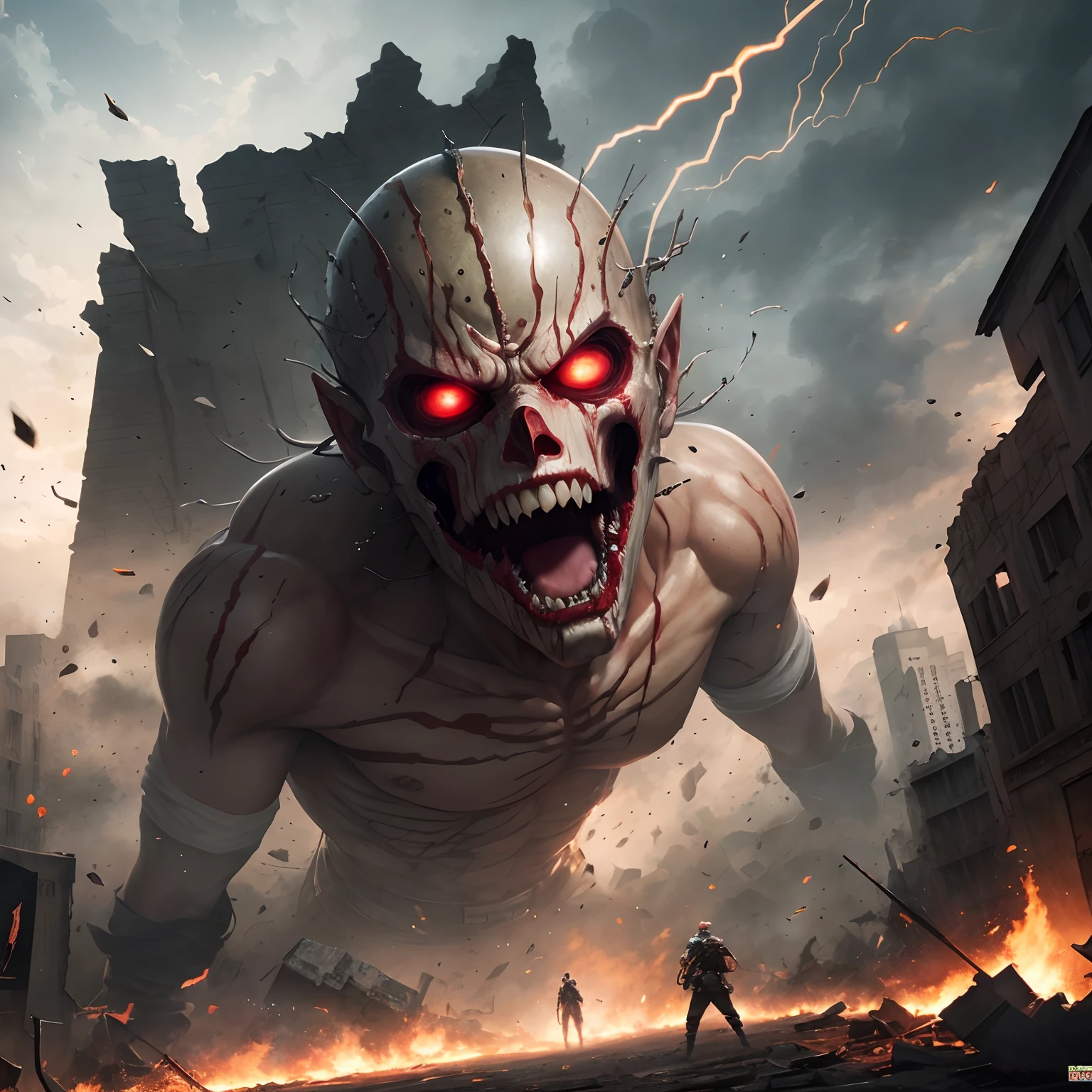 finest image, (8k, RAW photo, realistic), detailed and delicate depiction and flashy and dynamic painting method, fantasy, attack on Titan, full speed, destruction, ruins, despair