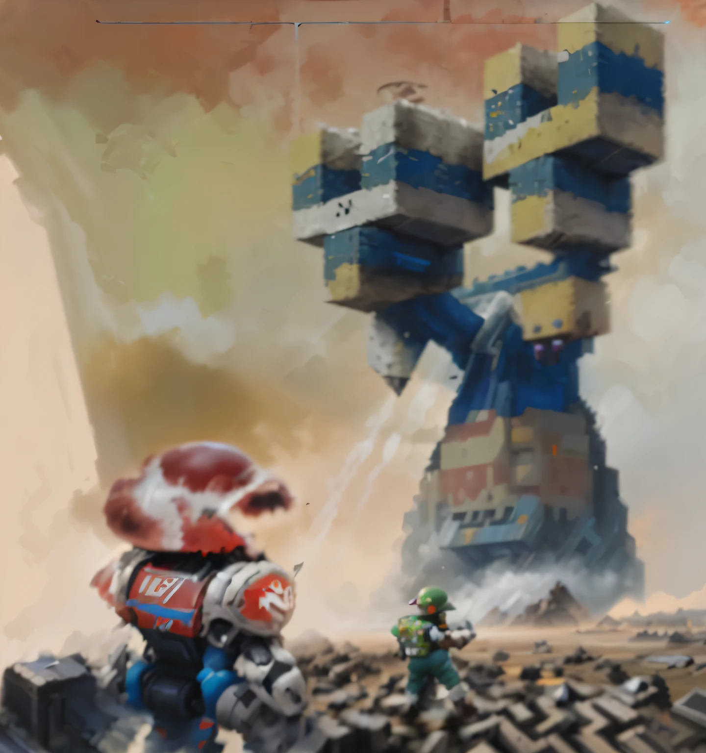 pintura de um robo com cores vermelha e azul, um labirinto com formato de tetris, e uma piramide gigante feita de tetris, pintura super detalhada, pintura sem desfoque, inspirado em Chris Foss, pintura de fantasia, Chris Foss, arte de videogame, inspirado em Mario Comensoli, arte do jogo nintendo, inspirado em Luigi Kasimir, Estilo de Chris Foss, Mario, Pilhas, arte de videogame, Arte conceitual de Chris Foss, Directed by: Chris Foss.
