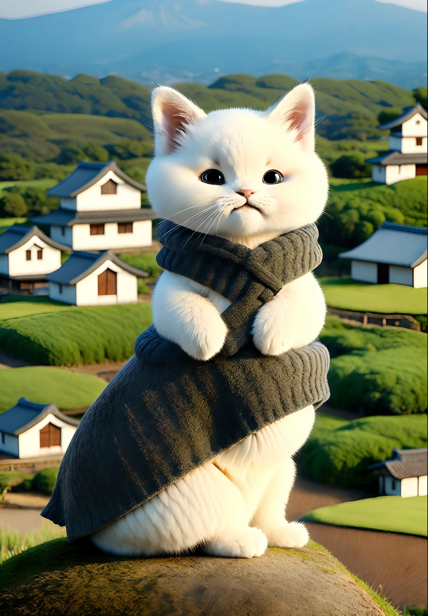 A Japanese samurai cat in the fields overlooking the edge of a Japanese village