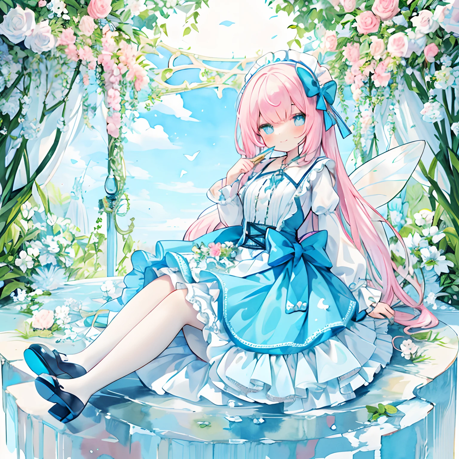 Fairy feathers on the back:1.9,Transparent watercolor,girl,Jewel Eyes,Beautiful arrangements and motifs,Pink、A slight smil、 a girl in alice in wonderland style, nefesia yyjyahwbi f princess tutu ms, in the style of victorian-era clothing, dreamlike motifs, light blue dress, cottagecore, white and azure, layered patterns, schoolgirl lifestyle, multilayered, platform heels