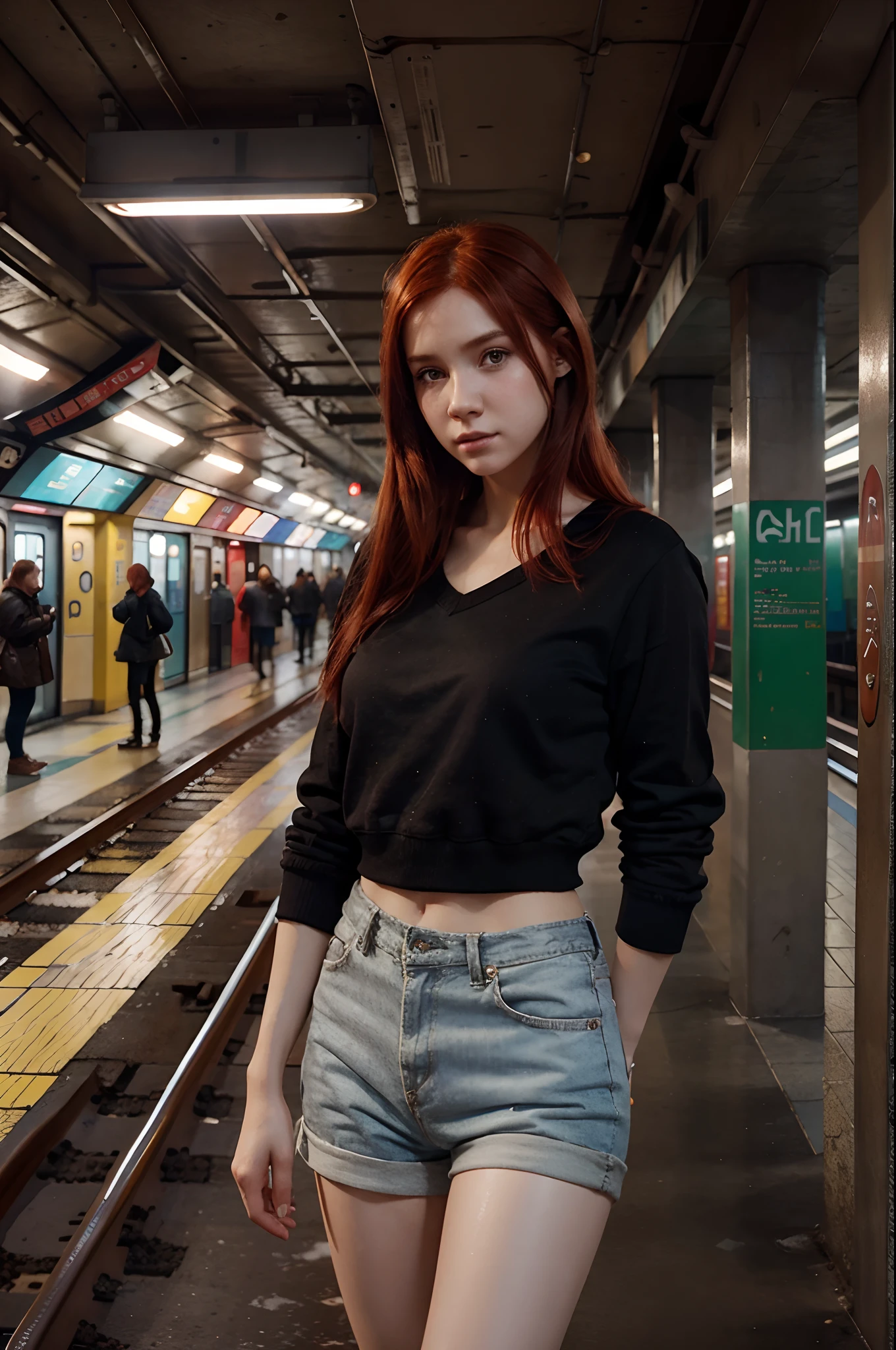 a girl with red hair standing in a subway station, a detailed painting by WLOP, featured on cgsociety, photorealism, artstation hd, detailed painting, ilya kuvshinov