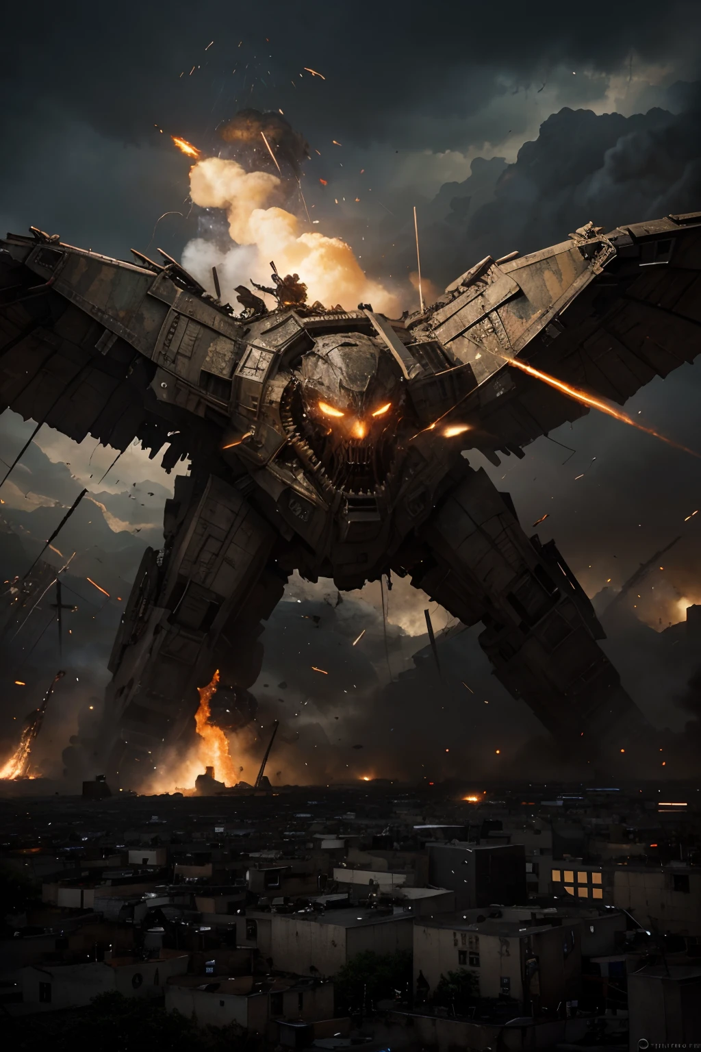best quality,ultra-detailed,action-packed scene,towering titans,terrified humans,struggling to survive,flying debris,dramatic lighting,heart-pounding intensity,bloody battles,life-and-death situations,epic battles,breathtaking spectacle,dynamic movement,shattered buildings,dystopian cityscape,raging Titans,desperate defenders,tense atmosphere,gritty realism,military maneuvers,unyielding determination,dramatic perspective,ominous skies,emotional turmoil,massive destruction,valor and heroism,fighting for humanity,monumental struggle,unrelenting Titans,desperate struggles,explosions and chaos,steampunk aesthetic,grim and dark,apocalyptic world,frantic action,grim determination,intense combat,hope against all odds,heart-wrenching moments,awe-inspiring battles,fear and bravery,defiance in the face of danger,walls of despair,courageous soldiers,countless casualties,final battle for survival,relentless enemies,desperation and sacrifice,vivid colors,The Attack on Titan