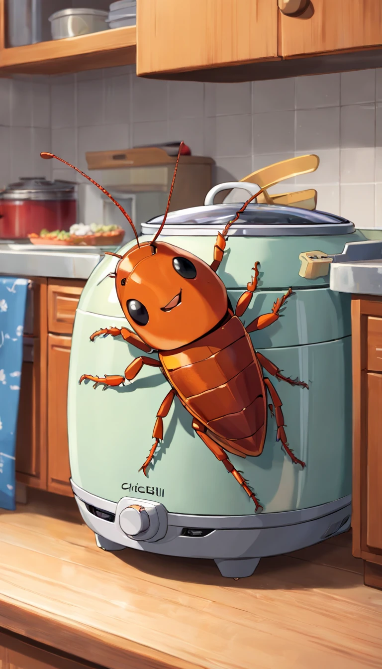 1 miniature anthropomorphic cockroach, There is a rice cooker on the kitchen cupboard， No Man，3D, 8K, Highly detailed, digitial painting, , illustration, art, 3D style Pixar animation, Big eyes, friendly,