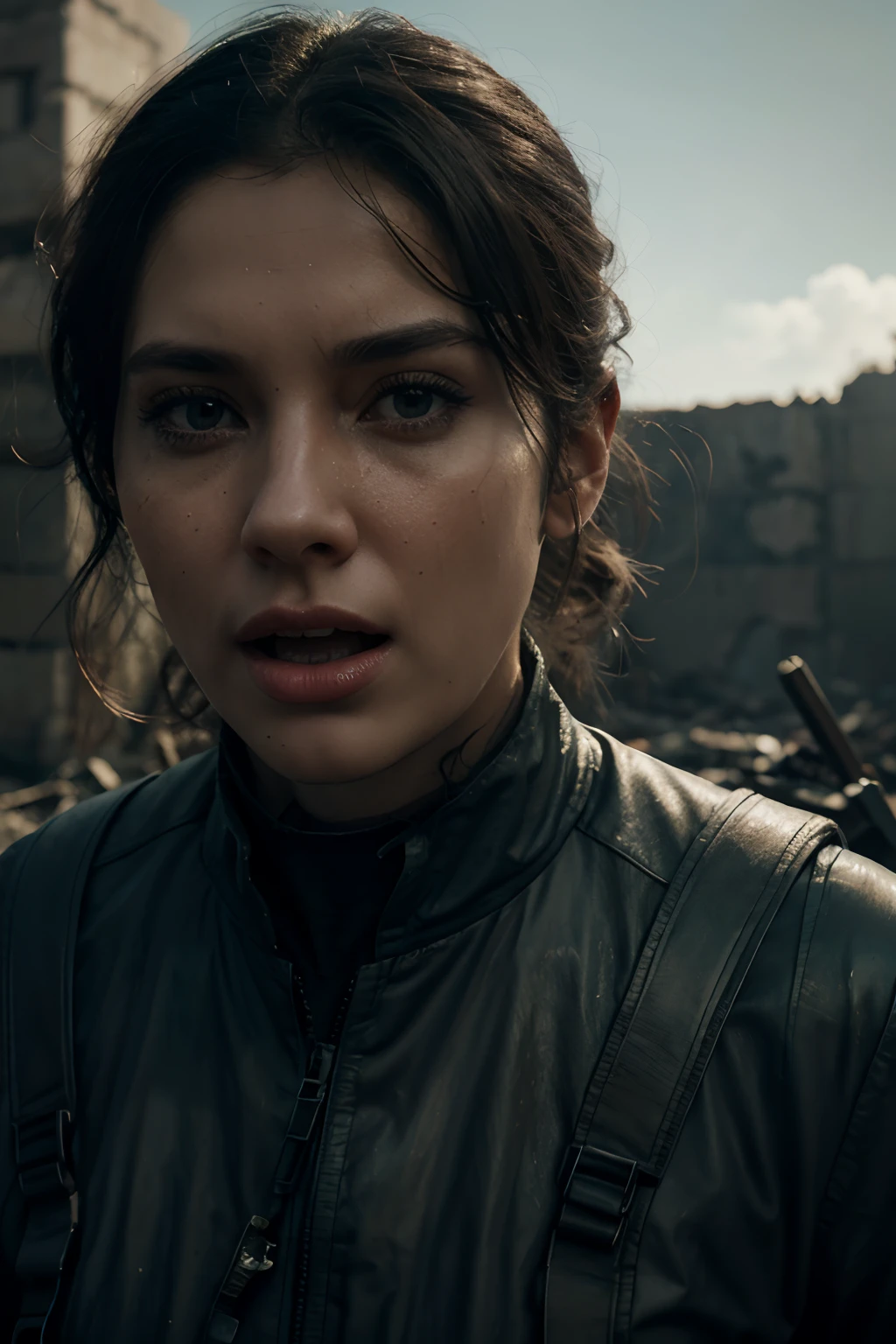 dystopian landscape, soviet, destroyed buildings, lone person walking through ruins, assault rifle, darkness, octane rendering, zbrush. Character designs, photorealistic, unreal machines, highly detailed, concept art, trending on art station. ((best quality)), ((masterpiece)), ((realistic)), (detail), (man), close-up portrait, full body portrait, black eyes, looking at the viewer, Fantasy art, amazing gradient color, no markings water, open mouth screaming, detailed background, closed mouth, incredible detail, ((masterpiece)), absurd, HDR.
