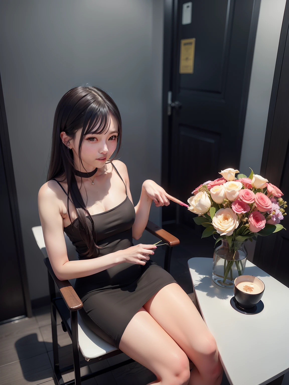 The woman sits in a chair，Holding a bouquet of flowers and cake in his hand, With flowers, 👅 👅, Holding flowers, 🤬 🤮 💕 🎀, ❤🔥🍄🌪, Middle metaverse, dang my linh, sakimi chan, 1 as february), sitting with flowers, 1614572159, xintong chen