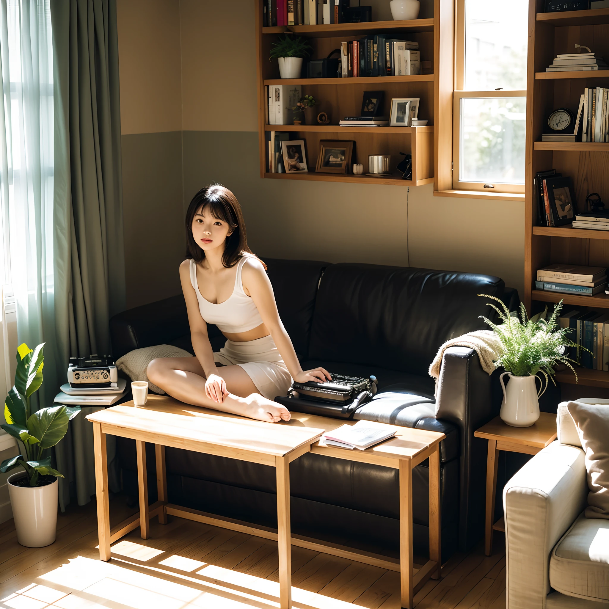 Living room, sofe, window, Curtains, Dappled sunlight, potted plant, Table, locker,bookshelf, Paper, table light, typewriter, Girl sitting on sofa