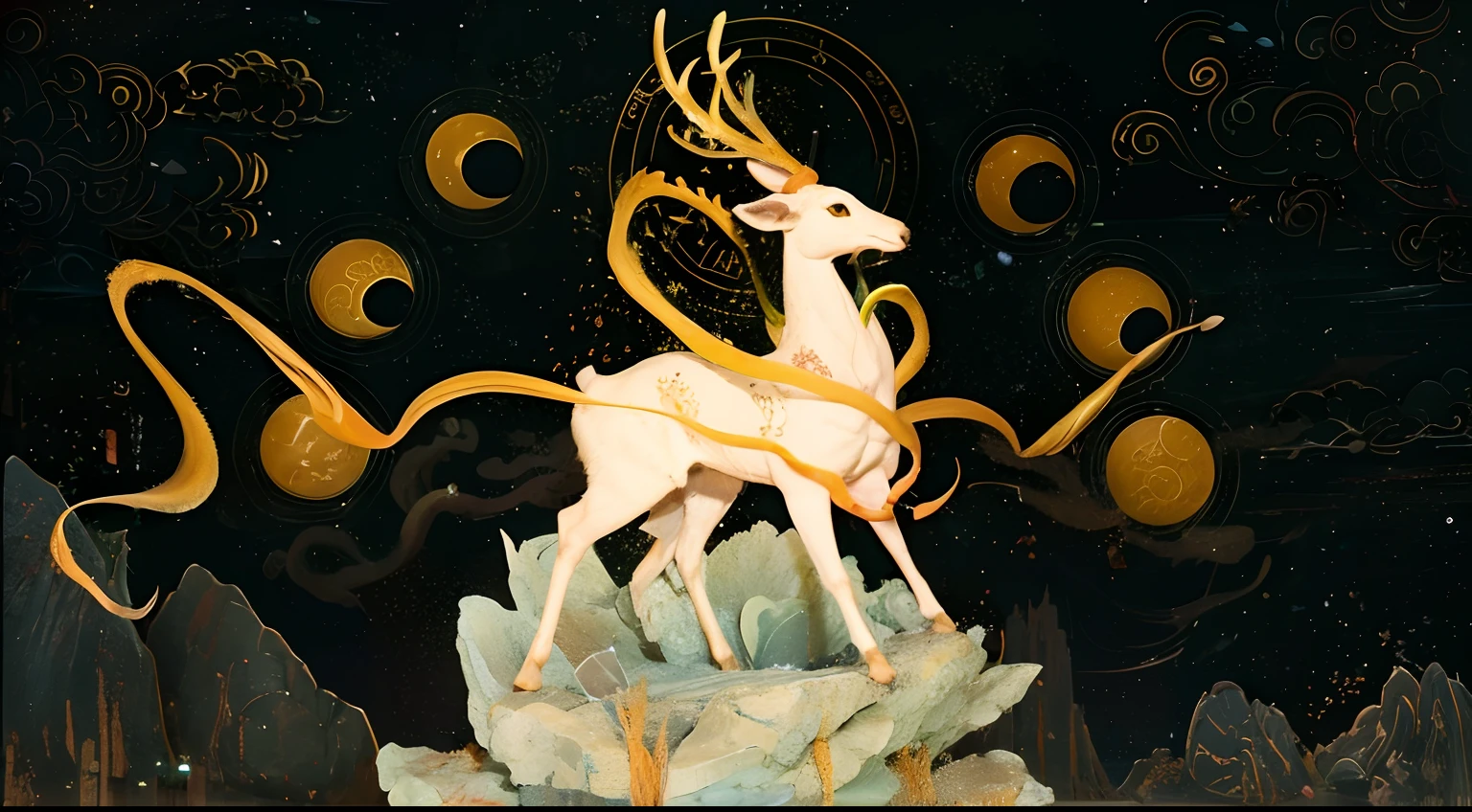 Dunhuang nine-colored deer,Q version,adolable,style of anime,vibrant with colors,Flowing and agile,Auspicious clouds