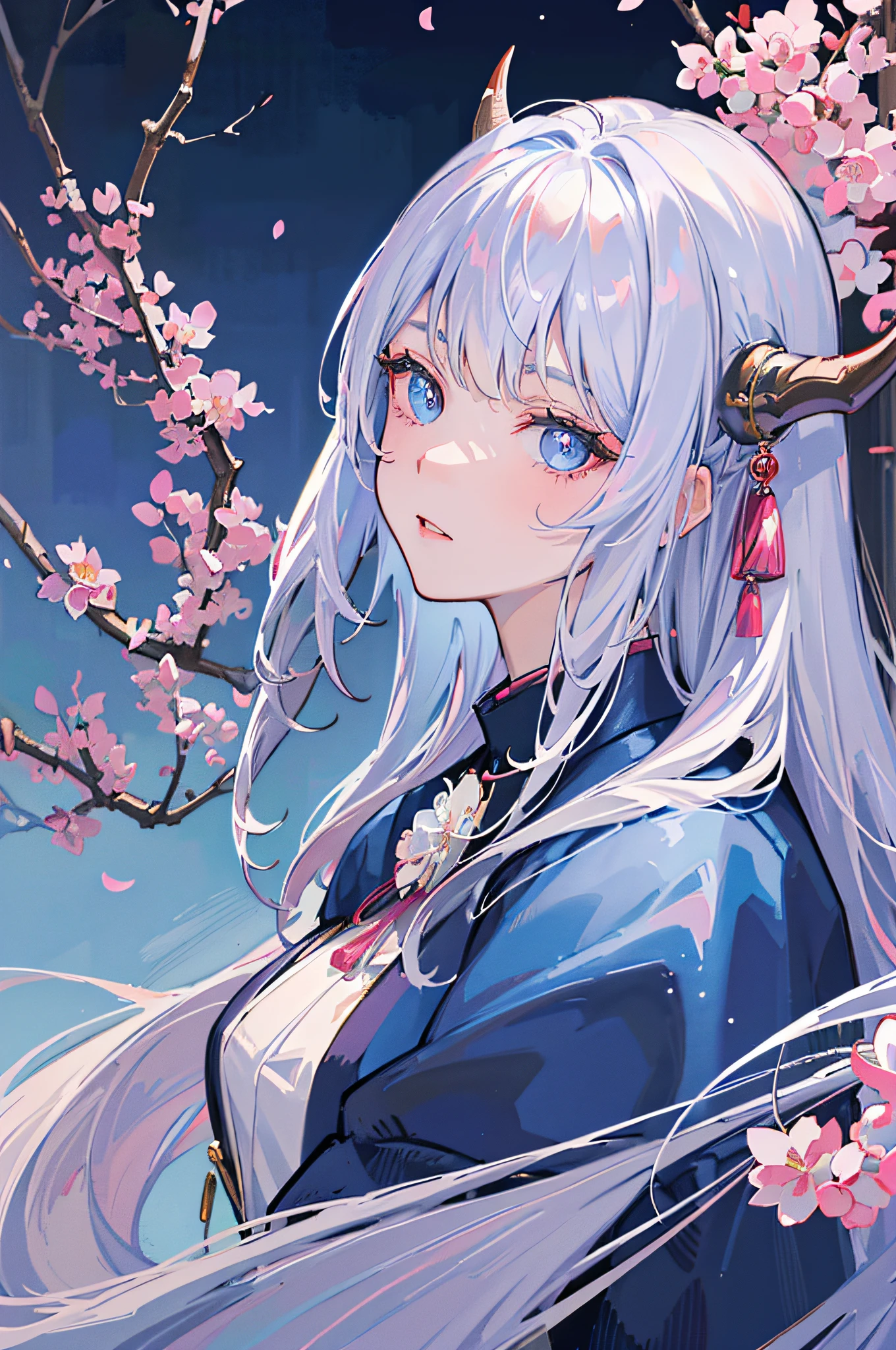 (best quality, high-res, masterpiece:1.2), perfect face, (serious expression), detailed eyes, elegant, (heterochromatic eyes), (curved blue horns), dragon woman, wearing a white and pastel blue elegant kimono, cherry blossom background, long silver hair, side view, looking at viewer, snowy background