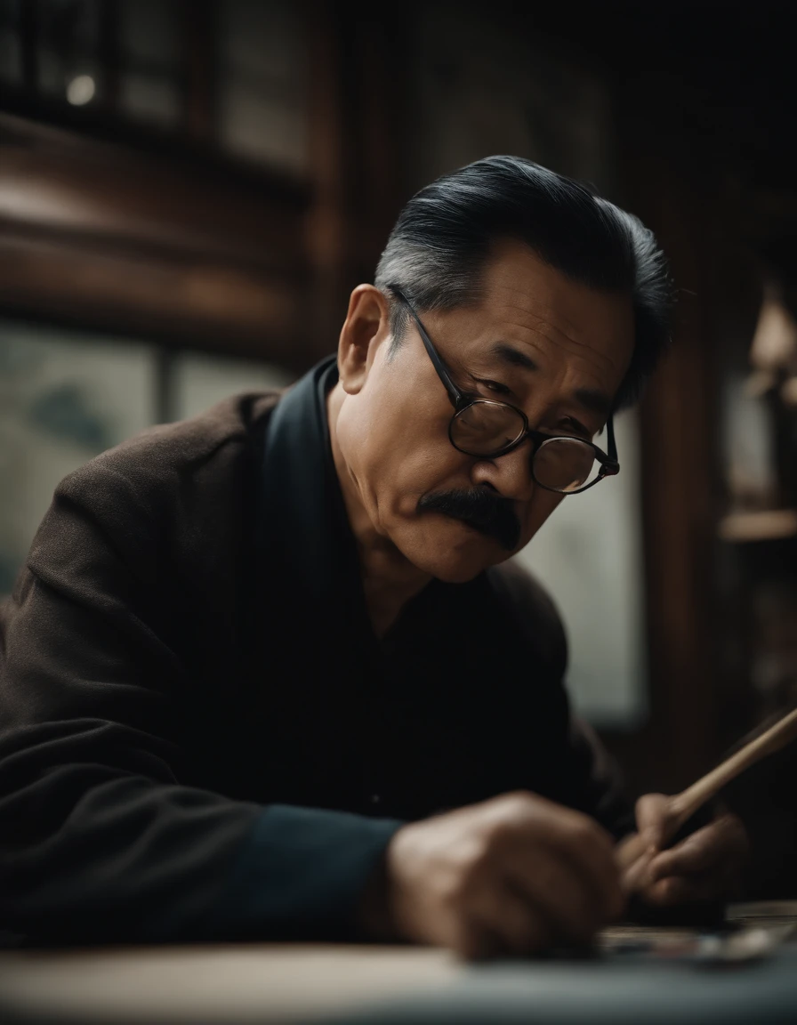 side view, uncle shandong, a chinese man in the age of 50 with eyeglass, with mustache and black hair, painting a picture