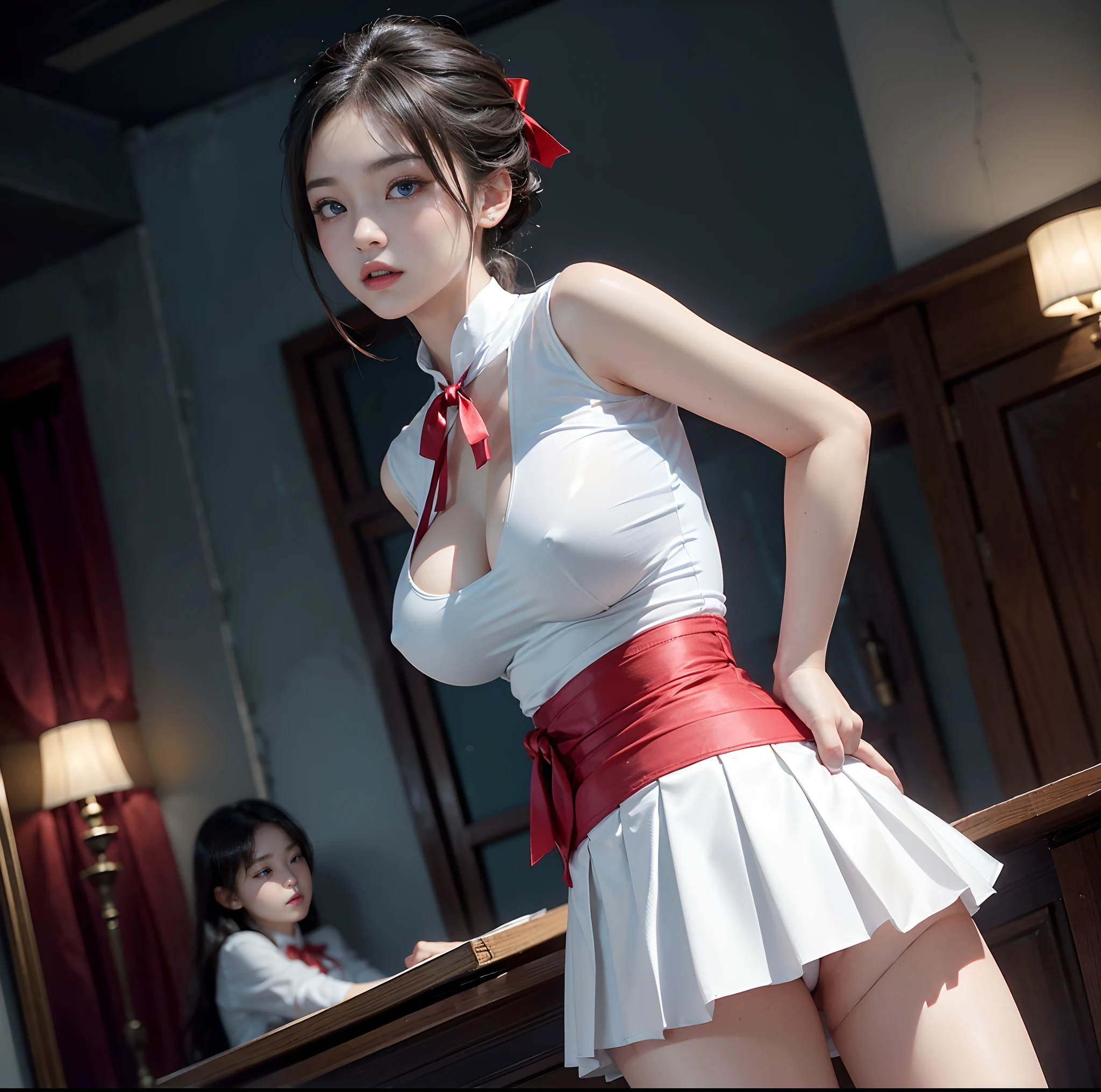 (top-quality, 4K picture quality, ​masterpiece, Professional lighting without shadows, A hyper-realistic), perfect anatomia, Two girls, ( with perfect body、Colossal breasts with tension:1.2), Bright and even whitening skin without wrinkles and steps, (Reflects a lot of light with bright and beautiful blue eyes with long eyelashes and plump red tear bags:1.2)、 Cute hairstyles, (Clothes get wet and stick to the skin, A tight-fitting blouse made of white ultra-thin fabric covers the upper body on bare skin.、Dress up with a super short super mini pleated skirt), (The skirt is too short to be useful:1.3), (She proudly shows off her huge breasts and crimson ribbon tie from the front), (Another girl on the other side、- She is showing off her bare buttocks from directly behind), (sleepy half-eyes),