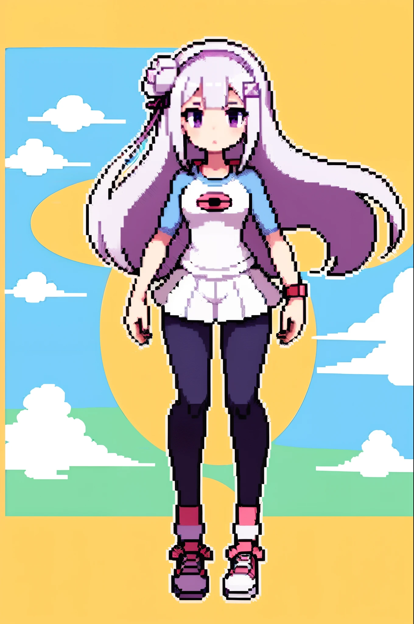(masterpiece, top quality, best quality), pixel,pixel art,1girl,full body, Emilia, white hair, purple eyes, long hair, x hair ornament, flower hair ornament, pokemon uniform, Rosa’s outfit, pokeball, in a forest, 16bit