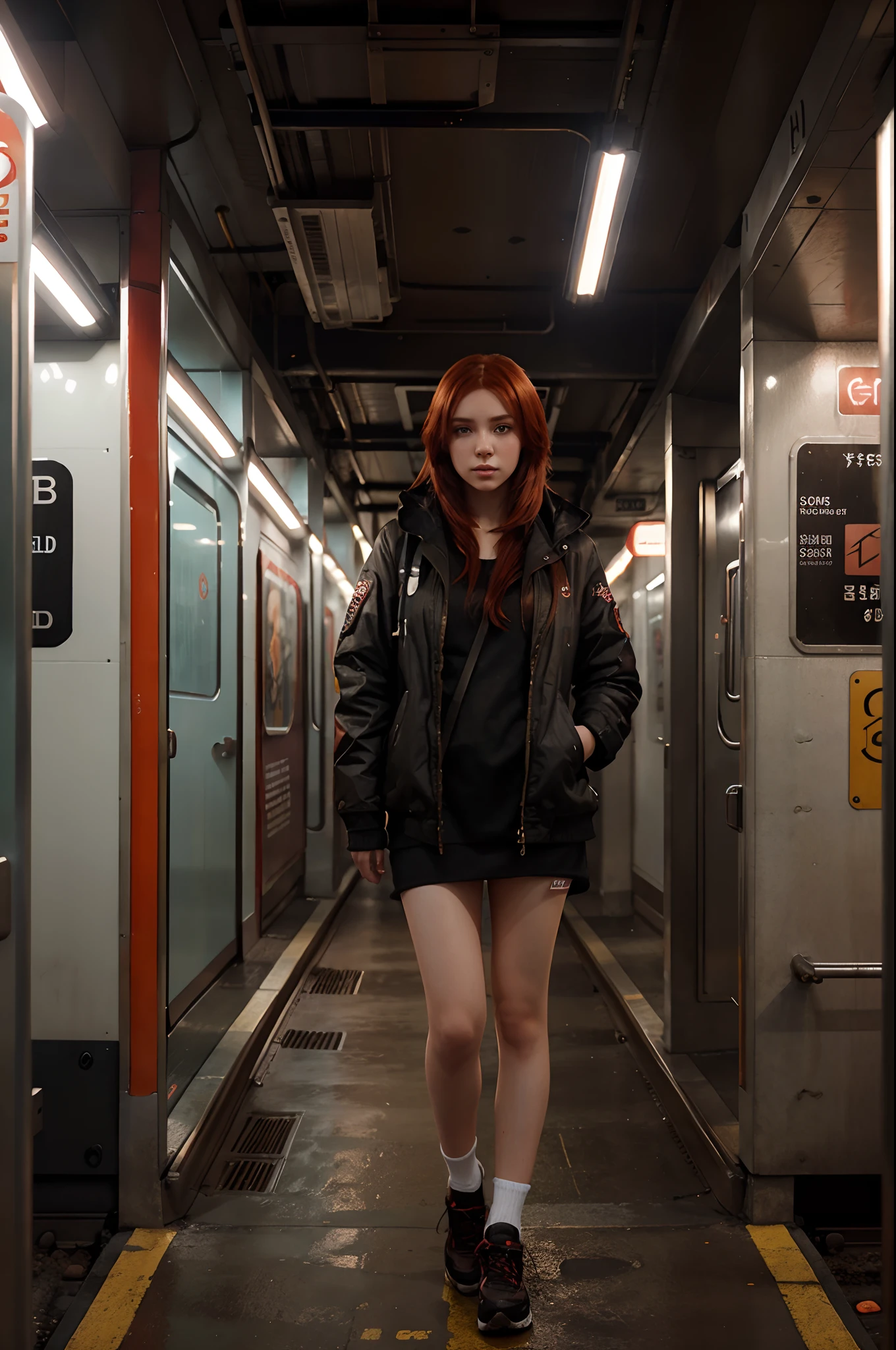 a girl with red hair standing in a subway station, a detailed painting by WLOP, featured on cgsociety, photorealism, artstation hd, detailed painting, ilya kuvshinov