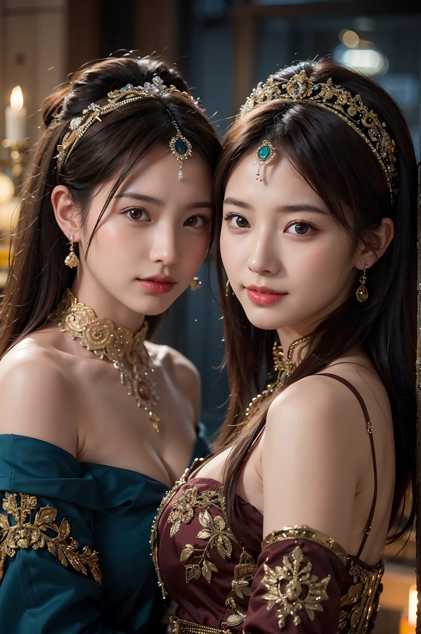 The proportions are the same for all races, All faces and pictures must be different,(8K、NFFSW、A high resolution)、((((A picture、RAW photography、Hyper-realism、tmasterpiece、top-quality、超A high resolution))))、(Pin Light、back Lighting、back Lighting、ciinematic light)、foco nítido:1。4、(Hyper-detailing、finedetail)、cow boy shot、 2girls