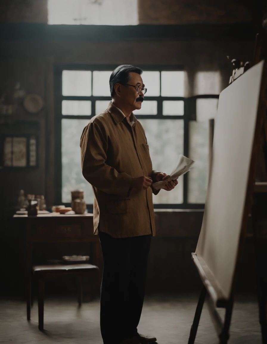 side view, uncle shandong, a chinese man in the age of 50 with eyeglass, with mustache and black hair, painting a picture, super realistic