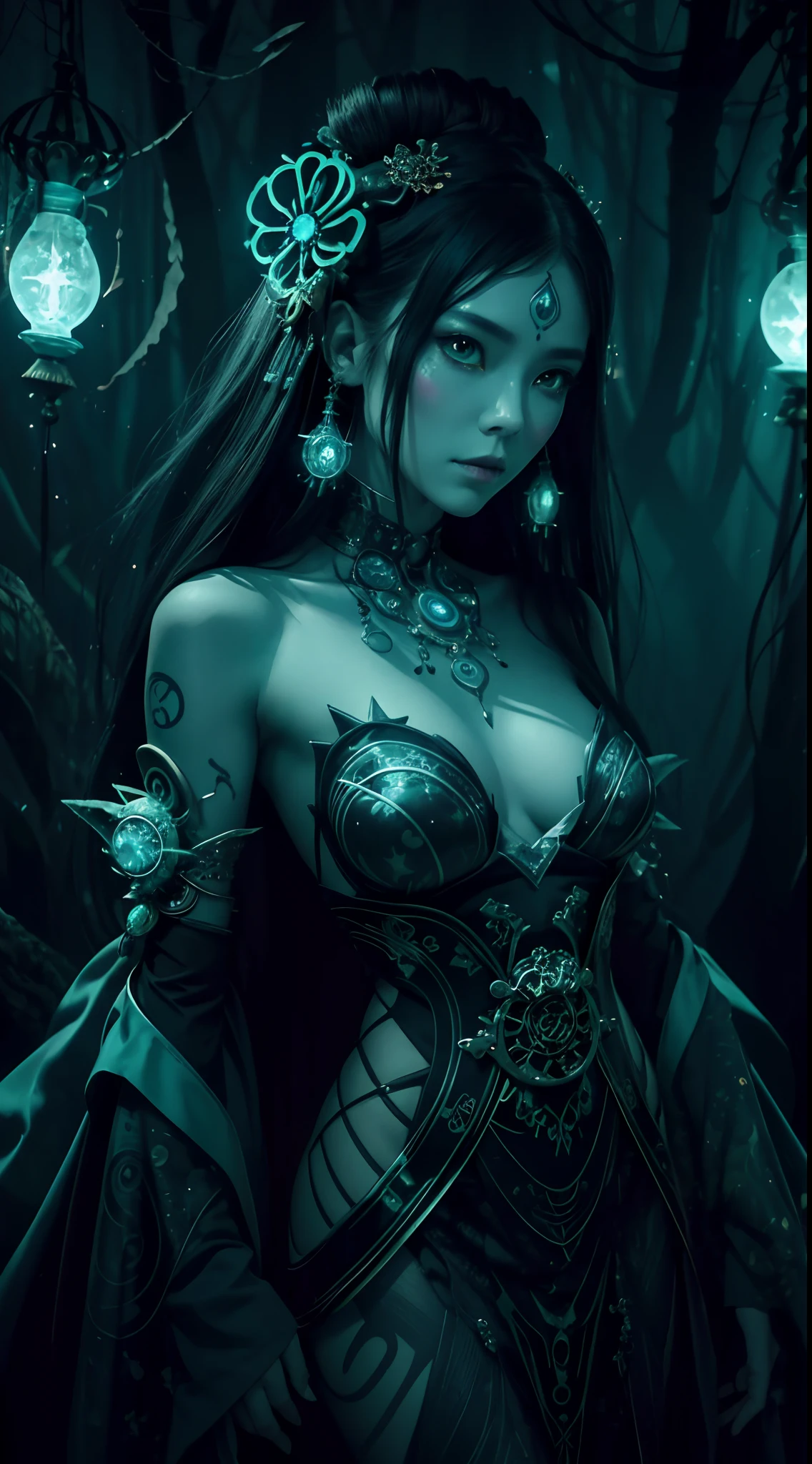Generate an x-ray image of a bioluminescent translucent of an astral shaman robot voodoo geisha with Gustav Klimt dress, in dark burning swamp, voodoo tattoos, big cute golden eye, surrounded burning alien zombi crowd, Sunrise, fog, gold and petrol patterns, magic, by Jacques Perrin, by Victor Salva, by Terence Young, art by lol and rofl, Lovecraft, detailed facial features, sharp eyes, soft skin, scary