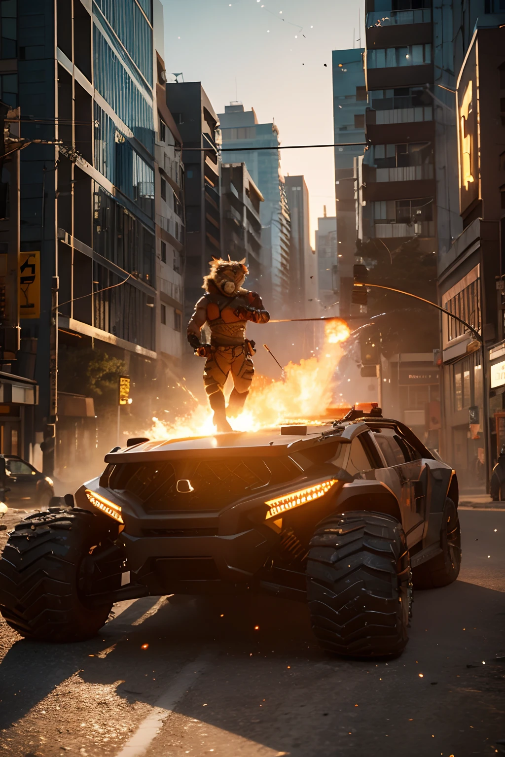 Tiger form furry man，Apocalyptic city street background，Meteorites fall and Mars shoot everywhere，by Pixar，The spark is transparent，C4D，Photorealistic rendering，Strong sense of oppression