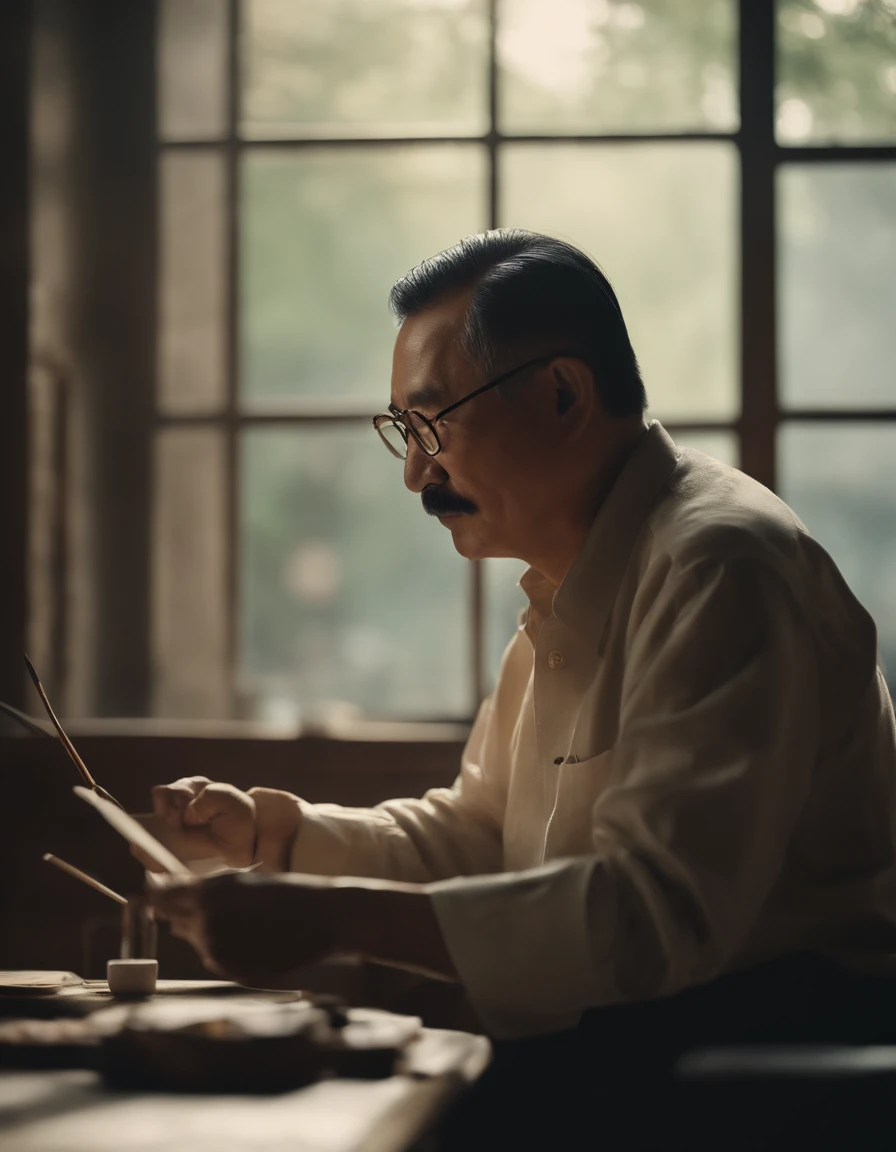 side view, uncle shandong, a chinese man in the age of 50 with eyeglass, with mustache and black hair, painting a picture, super realistic